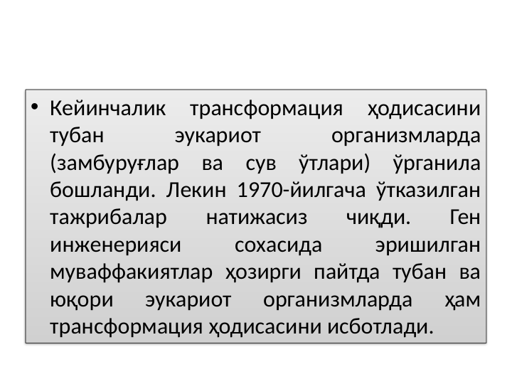 • Кейинчалик 
трансформация 
ҳодисасини 
тубан 
эукариот 
организмларда 
(замбуруғлар ва сув ўтлари) ўрганила 
бошланди. Лекин 1970-йилгача ўтказилган 
тажрибалар 
натижасиз 
чиқди. 
Ген 
инженерияси 
сохасида 
эришилган 
муваффакиятлар ҳозирги пайтда тубан ва 
юқори 
эукариот 
организмларда 
ҳам 
трансформация ҳодисасини исботлади.
