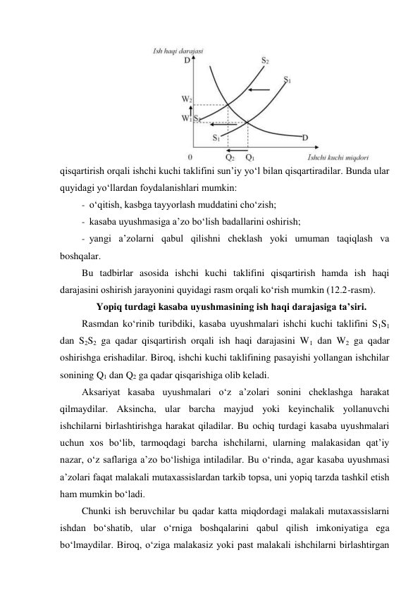 qisqartirish orqali ishchi kuchi taklifini sun’iy yo‘l bilan qisqartiradilar. Bunda ular 
quyidagi yo‘llardan foydalanishlari mumkin: 
- o‘qitish, kasbga tayyorlash muddatini cho‘zish; 
- kasaba uyushmasiga a’zo bo‘lish badallarini oshirish; 
- yangi a’zolarni qabul qilishni cheklash yoki umuman taqiqlash va 
boshqalar. 
Bu tadbirlar asosida ishchi kuchi taklifini qisqartirish hamda ish haqi 
darajasini oshirish jarayonini quyidagi rasm orqali ko‘rish mumkin (12.2-rasm). 
 Yopiq turdagi kasaba uyushmasining ish haqi darajasiga ta’siri. 
Rasmdan ko‘rinib turibdiki, kasaba uyushmalari ishchi kuchi taklifini S1S1 
dan S2S2 ga qadar qisqartirish orqali ish haqi darajasini W1 dan W2 ga qadar 
oshirishga erishadilar. Biroq, ishchi kuchi taklifining pasayishi yollangan ishchilar 
sonining Q1 dan Q2 ga qadar qisqarishiga olib keladi. 
Aksariyat kasaba uyushmalari o‘z a’zolari sonini cheklashga harakat 
qilmaydilar. Aksincha, ular barcha mayjud yoki keyinchalik yollanuvchi 
ishchilarni birlashtirishga harakat qiladilar. Bu ochiq turdagi kasaba uyushmalari 
uchun xos bo‘lib, tarmoqdagi barcha ishchilarni, ularning malakasidan qat’iy 
nazar, o‘z saflariga a’zo bo‘lishiga intiladilar. Bu o‘rinda, agar kasaba uyushmasi 
a’zolari faqat malakali mutaxassislardan tarkib topsa, uni yopiq tarzda tashkil etish 
ham mumkin bo‘ladi. 
Chunki ish beruvchilar bu qadar katta miqdordagi malakali mutaxassislarni 
ishdan bo‘shatib, ular o‘rniga boshqalarini qabul qilish imkoniyatiga ega 
bo‘lmaydilar. Biroq, o‘ziga malakasiz yoki past malakali ishchilarni birlashtirgan 
