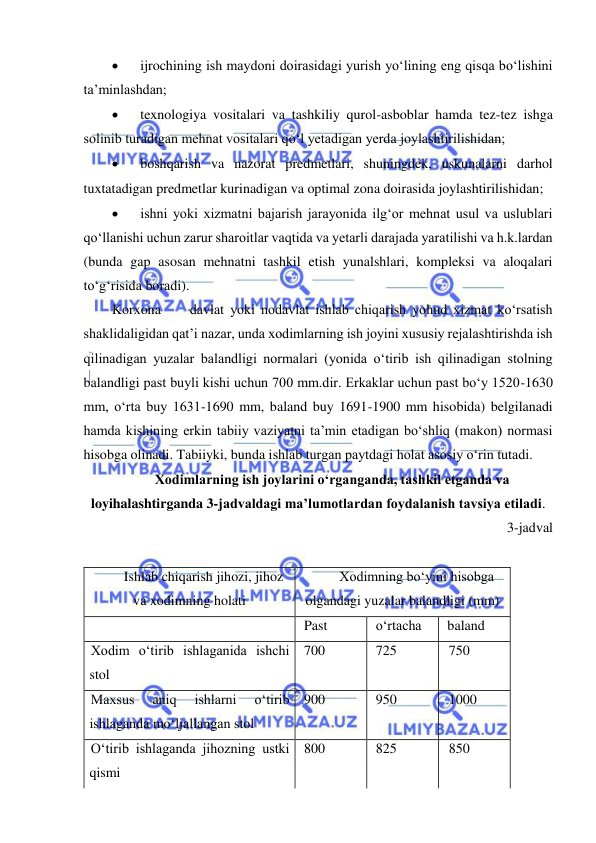  
 
 
ijrochining ish maydoni doirasidagi yurish yo‘lining eng qisqa bo‘lishini 
ta’minlashdan; 
 
texnologiya vositalari va tashkiliy qurol-asboblar hamda tez-tez ishga 
solinib turadigan mehnat vositalari qo‘l yetadigan yerda joylashtirilishidan; 
 
boshqarish va nazorat predmetlari, shuningdek, uskunalarni darhol 
tuxtatadigan predmetlar kurinadigan va optimal zona doirasida joylashtirilishidan; 
 
ishni yoki xizmatni bajarish jarayonida ilg‘or mehnat usul va uslublari 
qo‘llanishi uchun zarur sharoitlar vaqtida va yetarli darajada yaratilishi va h.k.lardan 
(bunda gap asosan mehnatni tashkil etish yunalshlari, kompleksi va aloqalari 
to‘g‘risida boradi).  
Korxona 
davlat yoki nodavlat ishlab chiqarish yohud xizmat ko‘rsatish 
shaklidaligidan qat’i nazar, unda xodimlarning ish joyini xususiy rejalashtirishda ish 
qilinadigan yuzalar balandligi normalari (yonida o‘tirib ish qilinadigan stolning 
balandligi past buyli kishi uchun 700 mm.dir. Erkaklar uchun past bo‘y 1520-1630 
mm, o‘rta buy 1631-1690 mm, baland buy 1691-1900 mm hisobida) belgilanadi 
hamda kishining erkin tabiiy vaziyatni ta’min etadigan bo‘shliq (makon) normasi 
hisobga olinadi. Tabiiyki, bunda ishlab turgan paytdagi holat asosiy o‘rin tutadi. 
Xodimlarning ish joylarini o‘rganganda, tashkil etganda va 
loyihalashtirganda 3-jadvaldagi ma’lumotlardan foydalanish tavsiya etiladi. 
       3-jadval 
 
Ishlab chiqarish jihozi, jihoz 
va xodimning holati 
Xodimning bo‘yini hisobga 
olgandagi yuzalar balandligi (mm) 
 
 Past 
 o‘rtacha 
 baland 
Xodim o‘tirib ishlaganida ishchi 
stol 
 700 
 725 
 750 
Maxsus 
aniq 
ishlarni 
o‘tirib 
ishlaganda mo‘ljallangan stol 
 900 
 950  
 1000 
O‘tirib ishlaganda jihozning ustki 
qismi 
 800 
 825 
 850 
