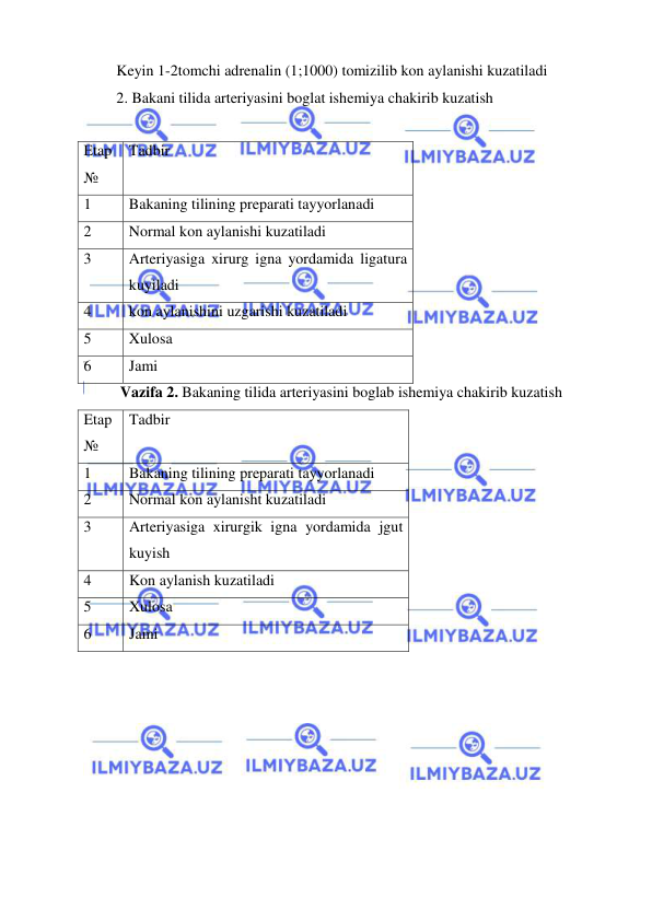  
 
Keyin 1-2tomchi adrenalin (1;1000) tomizilib kon aylanishi kuzatiladi  
2. Bakani tilida arteriyasini boglat ishemiya chakirib kuzatish 
 
Etap 
№ 
Tadbir 
1 
Bakaning tilining preparati tayyorlanadi 
2 
Normal kon aylanishi kuzatiladi 
3 
Arteriyasiga xirurg igna yordamida ligatura 
kuyiladi 
4 
kon aylanishini uzgarishi kuzatiladi 
5 
Xulosa 
6 
Jami 
 Vazifa 2. Bakaning tilida arteriyasini boglab ishemiya chakirib kuzatish 
Etap 
№ 
Tadbir 
1 
Bakaning tilining preparati tayyorlanadi 
2 
Normal kon aylanisht kuzatiladi 
3 
Arteriyasiga xirurgik igna yordamida jgut 
kuyish 
4 
Kon aylanish kuzatiladi 
5 
Xulosa 
6 
Jami 
 
 
 
 
