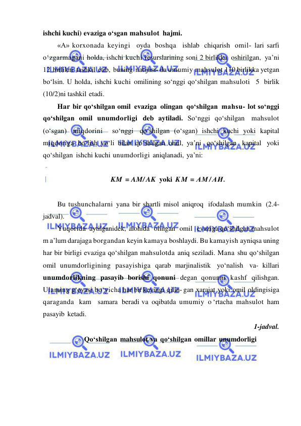  
 
ishchi kuchi) evaziga o‘sgan mahsulot hajmi. 
«А» korxonada keyingi  oyda boshqa  ishlab chiqarish omil­ lari sarfi 
o‘zgarmagani holda, ishchi kuchi resurslarining soni 2 birlikka oshirilgan, ya’ni   
12 birlikni tashkil etib, buning natijasi­ da umumiy mahsulot 110 birlikka yetgan 
bo‘lsin. U holda, ishchi kuchi omilining so‘nggi qo‘shilgan mahsuloti  5 birlik 
(10/2)ni tashkil etadi. 
Har bir qo‘shilgan omil evaziga olingan qo‘shilgan mahsu­ lot so‘nggi 
qo‘shilgan omil unumdorligi deb aytiladi. So‘nggi qo‘shilgan mahsulot  
(o‘sgan) miqdorini  so‘nggi qo‘shilgan (o‘sgan) ishchi kuchi yoki kapital 
miqdoriga bo‘lish yo‘li bilan qo‘shilgan omil, ya’ni qo‘shilgan kapital yoki 
qo‘shilgan ishchi kuchi unumdorligi aniqlanadi, ya’ni: 
 
KM = AM/ AK yoki K M = АМ / АИ. 
 
Bu tushunchalarni yana bir shartli misol aniqroq ifodalash mumkin (2.4-
jadval). 
Yuqorida  aytilganidek, alohida   olingan   omil   evaziga qo‘shilgan mahsulot 
m a’lum darajaga borgandan keyin kamaya boshlaydi. Bu kamayish ayniqsa uning 
har bir birligi evaziga qo‘shilgan mahsulotda aniq seziladi. Mana shu qo‘shilgan 
omil unumdorligining pasayishiga qarab marjinalistik yo‘nalish va- killari 
unumdorlikning pasayib borishi qonuni degan qonunni kashf qilishgan. 
Ulaming g‘oyasi bo‘yicha har bir keyingi qilin­ gan xarajat yoki omil oldingisiga 
qaraganda  kam   samara beradi va oqibatda umumiy o ‘rtacha mahsulot ham 
pasayib ketadi.  
1-jadval. 
Qo‘shilgan mahsulot va qo‘shilgan omillar unumdorligi 
