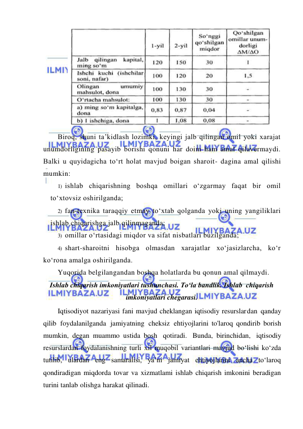  
 
 
Biroq, shuni ta’kidlash lozimki, keyingi jalb qilingan omil yoki xarajat 
unumdorligining pasayib borishi qonuni har doim ham amal qilavermaydi. 
Balki u quyidagicha to‘rt holat mavjud boigan sharoit- dagina amal qilishi 
mumkin: 
1) ishlab chiqarishning boshqa omillari o‘zgarmay faqat bir omil 
to‘xtovsiz oshirilganda; 
2) fan-texnika taraqqiy etmay to‘xtab qolganda yoki uning yangiliklari 
ishlab chiqarishga jalb qilinmaganda; 
3) omillar o‘rtasidagi miqdor va sifat nisbatlari buzilganda; 
4) shart-sharoitni hisobga olmasdan xarajatlar xo‘jasizlarcha, ko‘r 
ko‘rona amalga oshirilganda. 
Yuqorida belgilangandan boshqa holatlarda bu qonun amal qilmaydi. 
Ishlab chiqarish imkoniyatlari tushunchasi. Toʻla bandlik. Ishlab  chiqarish 
imkoniyatlari chegarasi. 
Iqtisodiyot nazariyasi fani mavjud cheklangan iqtisodiy resurslar dan qanday 
qilib foydalanilganda jamiyatning cheksiz ehtiyojlarini to'laroq qondirib borish 
mumkin, degan muammo ustida bosh qotiradi. Bunda, birinchidan, iqtisodiy 
resurslardan foydalanishning turli xil muqobil variantlari mavjud bo‘lishi ko‘zda 
tutilib, ulardan eng samaralisi, ya’ni jamiyat ehtiyojlarini ancha to‘laroq 
qondiradigan miqdorda tovar va xizmatlami ishlab chiqarish imkonini beradigan 
turini tanlab olishga harakat qilinadi. 
