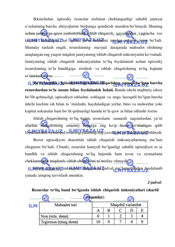  
 
Ikkinchidan, iqtisodiy resurslar nisbatan cheklanganligi sababli jamiyat 
a’zolarining barcha ehtiyojlarini birdaniga qondirish mumkin bo‘lmaydi. Shuning 
uchun jamiyatga qaysi mahsulotlami ishlab chiqarish, qaysilaridan vaqtincha voz 
kechish lozimligini hal qilish, ya’ni tanlashni amalga oshirish zarur bo‘ladi. 
Shunday tanlash orqali, resurslaming mavjud darajasida mahsulot olishning 
aniqlangan eng yuqori miqdori jamiyatning ishlab chiqarish imkoniyatini ko‘rsatadi. 
Jamiyatning ishlab chiqarish imkoniyatidan to‘liq foydalanish uchun iqtisodiy 
resurslaming to‘la bandligiga erishish va ishlab chiqarishning to'iiq hajmini 
ta’minlash zarur. 
To‘la bandlik - iqtisodiyotdagi ishlab chiqarishga yaroqli bo‘lgan barcha 
resurslardan to‘la unum bilan foydalanish holati. Bunda ishchi majburiy ishsiz 
bo‘lib qolmasligi, iqtisodiyot ishlashni xohlagan va unga layoqatli bo‘lgan barcha 
ishchi kuchini ish bilan ta ’minlashi, haydaladigan yerlar, bino va inshootlar yoki 
kapital uskunalar ham bo‘sh qolmasligi hamda to‘la quw at bilan ishlashi lozim. 
Ishlab chiqarishning to‘liq hajmi, resurslami samarali taqsimlashni, ya’ni 
ulardan mahsulotning umumiy hajmiga eng ko‘p hissa qo‘shadigan qilib 
foydalanishni va mavjud texnologiyalaming eng yaxshisini qo‘llashni ham bildiradi. 
Bozor iqtisodiyoti sharoitida ishlab chiqarish imkoniyatlarining ma’lum 
chegarasi bo‘ladi. Chunki, resurslar kamyob bo‘lganligi sababli iqtisodiyot to ia 
bandlik va ishlab chiqarishning to‘liq hajmida ham tovar va xizmatlami 
cheklanmagan miqdorda ishlab chiqarishni ta’minlay olmaydi. 
Ishlab chiqarish imkoniyati chegarasini jadval ma’lumotlaridan foydalanib 
yanada aniqroq tasvirlash mumkin. 
2-jadval. 
Resurslar to‘liq band bo‘lganda ishlab chiqarish imkoniyatlari (shartli 
raqamlar) 
 
