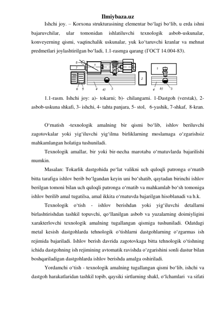 Ilmiybaza.uz 
Ishchi joy. – Korxona strukturasining еlementar bo‘lagi bo‘lib, u erda ishni 
bajaruvchilar, 
ular 
tomonidan 
ishlatiluvchi 
texnologik 
asbob-uskunalar, 
konveyerning qismi, vaqtinchalik uskunalar, yuk ko‘taruvchi kranlar va mehnat 
predmetlari joylashtirilgan bo‘ladi, 1.1-rasmga qarang (ГОСТ 14.004-83). 
 
1.1-rasm. Ishchi joy: a)- tokarni; b)- chilangarni. 1-Dastgoh (verstak), 2-
asbob-uskuna shkafi, 3- ishchi, 4- tahta panjara, 5- stol,   6-yashik, 7-shkaf,  8-kran. 
 
O‘rnatish -texnologik amalning bir qismi bo‘lib, ishlov beriluvchi 
zagotovkalar yoki yig‘iluvchi yig‘ilma birliklarning moslamaga o‘zgarishsiz 
mahkamlangan holatiga tushuniladi. 
Texnologik amallar, bir yoki bir-necha marotaba o‘rnatuvlarda bajarilishi 
mumkin. 
Masalan: Tokarlik dastgohida po‘lat valikni uch quloqli patronga o‘rnatib 
bitta tarafiga ishlov berib bo‘lgandan keyin uni bo‘shatib, qaytadan birinchi ishlov 
berilgan tomoni bilan uch quloqli patronga o‘rnatib va mahkamlab bo‘sh tomoniga 
ishlov berilib amal tugatilsa, amal ikkita o‘rnatuvda bajarilgan hisoblanadi va h.k. 
Texnologik o‘tish 
- 
ishlov berishdan yoki yig‘iluvchi detallarni 
birlashtirishdan tashkil topuvchi, qo‘llanilgan asbob va yuzalarning doimiyligini 
xarakterlovchi texnologik amalning tugallangan qismiga tushuniladi. Odatdagi 
metal kesish dastgohlarda tehnologik o‘tishlarni dastgohlarning o‘zgarmas ish 
rejimida bajariladi. Ishlov berish davrida zagotovkaga bitta tehnologik o‘tishning 
ichida dastgohning ish rejimining avtomatik ravishda o‘zgarishini sonli dastur bilan 
boshqariladigan dastgohlarda ishlov berishda amalga oshiriladi. 
Yordamchi o‘tish - texnologik amalning tugallangan qismi bo‘lib, ishchi va 
dastgoh harakatlaridan tashkil topib, qaysiki sirtlarning shakl, o‘lchamlari  va sifati 
