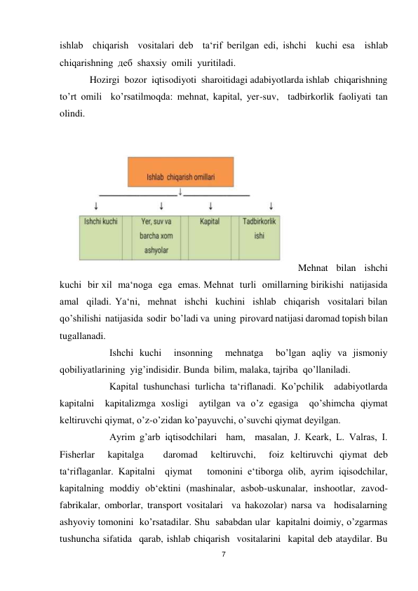 7 
 
ishlab  chiqarish  vositalari deb  ta‘rif berilgan edi, ishchi  kuchi esa  ishlab  
chiqarishning  деб  shaxsiy  omili  yuritiladi. 
Hozirgi  bozor  iqtisodiyoti  sharoitidagi adabiyotlarda ishlab  chiqarishning  
to’rt omili  ko’rsatilmoqda: mehnat, kapital, yer-suv,  tadbirkorlik faoliyati tan 
olindi.   
 
 
Mehnat  bilan  ishchi 
kuchi  bir xil  ma‘noga  ega  emas. Mehnat  turli  omillarning birikishi  natijasida 
amal  qiladi. Ya‘ni,  mehnat  ishchi  kuchini  ishlab  chiqarish  vositalari bilan 
qo’shilishi  natijasida  sodir  bo’ladi va  uning  pirovard natijasi daromad topish bilan  
tugallanadi. 
 
Ishchi kuchi  insonning  mehnatga  bo’lgan aqliy va jismoniy  
qobiliyatlarining  yig’indisidir. Bunda  bilim, malaka, tajriba  qo’llaniladi. 
 
Kapital tushunchasi turlicha ta‘riflanadi. Ko’pchilik  adabiyotlarda  
kapitalni  kapitalizmga xosligi  aytilgan va o’z egasiga  qo’shimcha qiymat  
keltiruvchi qiymat, o’z-o’zidan ko’payuvchi, o’suvchi qiymat deyilgan. 
 
Ayrim g’arb iqtisodchilari  ham,  masalan, J. Keark, L. Valras, I. 
Fisherlar  kapitalga   daromad  keltiruvchi,  foiz keltiruvchi qiymat deb  
ta‘riflaganlar. Kapitalni  qiymat   tomonini e‘tiborga olib, ayrim iqisodchilar,  
kapitalning moddiy ob‘ektini (mashinalar, asbob-uskunalar, inshootlar, zavod-
fabrikalar, omborlar, transport vositalari  va hakozolar) narsa va  hodisalarning  
ashyoviy tomonini  ko’rsatadilar. Shu  sababdan ular  kapitalni doimiy, o’zgarmas 
tushuncha sifatida  qarab, ishlab chiqarish  vositalarini  kapital deb ataydilar. Bu  
