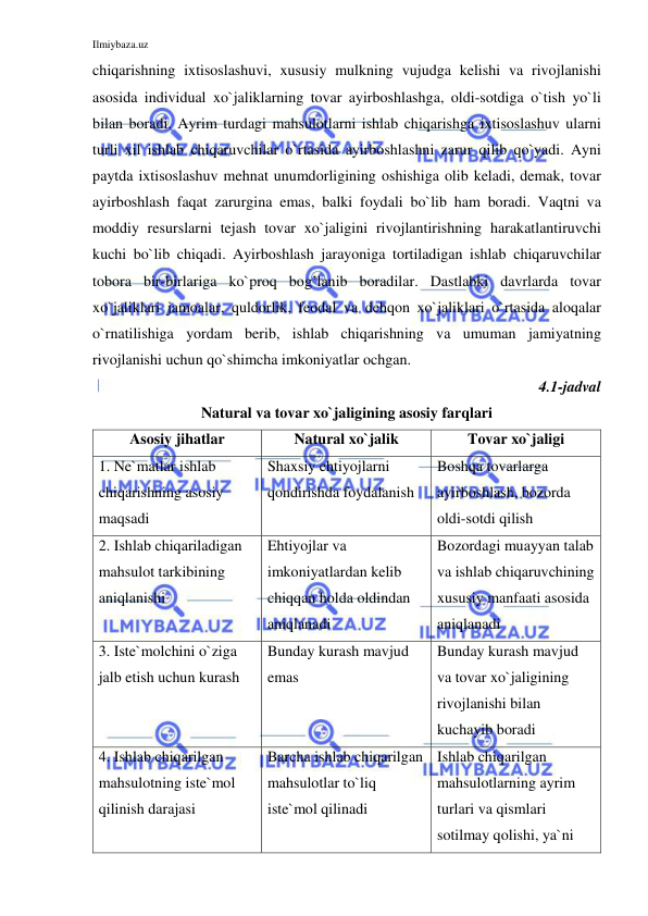 Ilmiybaza.uz 
 
chiqarishning ixtisoslashuvi, xususiy mulkning vujudga kelishi va rivojlanishi 
asosida individual xo`jaliklarning tovar ayirboshlashga, oldi-sotdiga o`tish yo`li 
bilan boradi. Ayrim turdagi mahsulotlarni ishlab chiqarishga ixtisoslashuv ularni 
turli xil ishlab chiqaruvchilar o`rtasida ayirboshlashni zarur qilib qo`yadi. Ayni 
paytda ixtisoslashuv mehnat unumdorligining oshishiga olib keladi, demak, tovar 
ayirboshlash faqat zarurgina emas, balki foydali bo`lib ham boradi. Vaqtni va 
moddiy resurslarni tejash tovar xo`jaligini rivojlantirishning harakatlantiruvchi 
kuchi bo`lib chiqadi. Ayirboshlash jarayoniga tortiladigan ishlab chiqaruvchilar 
tobora bir-birlariga ko`proq bog’lanib boradilar. Dastlabki davrlarda tovar 
xo`jaliklari jamoalar, quldorlik, feodal va dehqon xo`jaliklari o`rtasida aloqalar 
o`rnatilishiga yordam berib, ishlab chiqarishning va umuman jamiyatning 
rivojlanishi uchun qo`shimcha imkoniyatlar ochgan.  
4.1-jadval  
Natural va tovar xo`jaligining asosiy farqlari 
Asosiy jihatlar 
Natural xo`jalik 
Tovar xo`jaligi 
1. Ne`matlar ishlab 
chiqarishning asosiy 
maqsadi 
Shaxsiy ehtiyojlarni 
qondirishda foydalanish 
Boshqa tovarlarga 
ayirboshlash, bozorda 
oldi-sotdi qilish 
2. Ishlab chiqariladigan 
mahsulot tarkibining 
aniqlanishi 
Ehtiyojlar va 
imkoniyatlardan kelib 
chiqqan holda oldindan 
aniqlanadi 
Bozordagi muayyan talab 
va ishlab chiqaruvchining 
xususiy manfaati asosida 
aniqlanadi 
3. Iste`molchini o`ziga 
jalb etish uchun kurash 
Bunday kurash mavjud 
emas 
Bunday kurash mavjud 
va tovar xo`jaligining 
rivojlanishi bilan 
kuchayib boradi 
4. Ishlab chiqarilgan 
mahsulotning iste`mol 
qilinish darajasi 
Barcha ishlab chiqarilgan 
mahsulotlar to`liq 
iste`mol qilinadi 
Ishlab chiqarilgan 
mahsulotlarning ayrim 
turlari va qismlari 
sotilmay qolishi, ya`ni 
