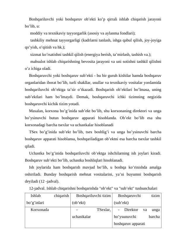 Boshqariluvchi yoki boshqaruv ob’ekti ko’p qirrali ishlab chiqarish jarayoni
bo’lib, u:
 moddiy va texnikaviy tayyorgarlik (asosiy va aylanma fondlari);
 tashkiliy mehnat tayyorgarligi (kadrlarni tanlash, ishga qabul qilish, joy-joyiga
qo’yish, o’qitish va hk.);
 xizmat ko’rsatishni tashkil qilish (energiya berish, ta’mirlash, tashish va.);
 mahsulot ishlab chiqarishning bevosita jarayoni va uni sotishni tashkil qilishni
o’z ichiga oladi.
Boshqaruvchi yoki boshqaruv sub’ekti - bu bir guruh kishilar hamda boshqaruv
organlaridan iborat bo’lib, turli shakllar, usullar va texnikaviy vositalar yordamida
boshqariluvchi ob’ektga ta’sir o’tkazadi. Boshqarish ob’ektlari bo’lmasa, uning
sub’ektlari  ham  bo’lmaydi.  Demak,  boshqaruvchi  ichki  tizimning  negizida
boshqaruvchi kichik tizim yotadi.
Masalan, korxona bo’g’inida sub’ekt bo’lib, shu korxonaning direktori va unga
bo’ysinuvchi  butun  boshqaruv  apparati  hisoblanda.  Ob’ekt  bo’lib  esa  shu
korxonadagi barcha tsexlar va uchastkalar hisoblanadi
TSex bo’g’inida sub’ekt bo’lib, tsex boshlig’i va unga bo’ysinuvchi barcha
boshqaruv apparati hisoblansa, boshqariladigan ob’ektni esa barcha tsexlar tashkil
qiladi.
Uchastka bo’g’inida boshqariluvchi ob’ektga ishchilarning ish joylari kiradi.
Boshqaruv sub’ekti bo’lib, uchastka boshliqlari hisoblanadi.
Ish  joylarida  ham  boshqarish  mavjud  bo’lib,  u  boshqa  ko’rinishda  amalga
oshiriladi.  Bunday  boshqarish  mehnat  vositalarini,  ya’ni  buyumni  boshqarish
deyiladi (12 -jadval).
12-jadval. Ishlab chiqarishni boshqarishda "ob’ekt" va "sub’ekt" tushunchalari
Ishlab
 
chiqarish
bo’g’inlari
Boshqariluvchi tizim
(ob’ekt)
Boshqaruvchi
 
tizim
(sub’ekt)
Korxonada
-
 
TSexlar,
uchastkalar
-  Direktor  va  unga
bo’ysunuvchi
 
barcha
boshqaruv apparati

