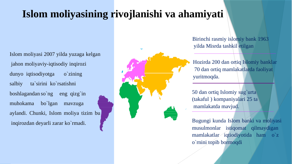 Birinchi rasmiy islomiy bank 1963 
 yilda Misrda tashkil etilgan
Hozirda 200 dan ortiq Islomiy banklar 
 70 dan ortiq mamlakatlarda faoliyat  
yuritmoqda.
50 dan ortiq Islomiy sug`urta  
(takaful ) kompaniyalari 25 ta 
 mamlakatda mavjud.
Bugungi kunda Islom banki va moliyasi  
musulmonlar istiqomat qilmaydigan  
mamlakatlar iqtiodiyotida ham 
o`z  
o`rnini topib bormoqdi
Islom moliyasining rivojlanishi va ahamiyati
Islom moliyasi 2007 yilda yuzaga kelgan 
 jahon moliyaviy-iqtisodiy inqirozi 
dunyo  iqtisodiyotga
o`zining
salbiy
ta`sirini  ko`rsatishni
boshlagandan so`ng
eng  qizg`in
muhokama
bo`lgan
mavzuga  
aylandi. Chunki, Islom moliya tizim bu 
 inqirozdan deyarli zarar ko`rmadi.
