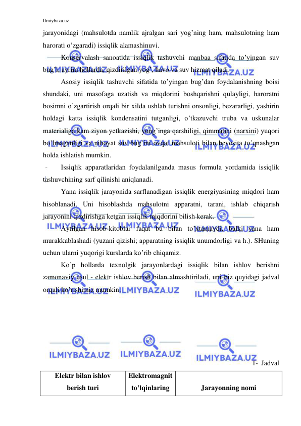 Ilmiybaza.uz 
 
jarayonidagi (mahsulotda namlik ajralgan sari yog’ning ham, mahsulotning ham 
harorati o’zgaradi) issiqlik alamashinuvi. 
Konservalash sanoatida issiqlik tashuvchi manbaa sifatida to’yingan suv 
bug’i, ayrim hollarda, qizdirilgan yog’, havo va suv hizmat qiladi. 
Asosiy issiqlik tashuvchi sifatida to’yingan bug’dan foydalanishning boisi 
shundaki, uni masofaga uzatish va miqdorini boshqarishni qulayligi, haroratni 
bosimni o’zgartirish orqali bir xilda ushlab turishni onsonligi, bezararligi, yashirin 
holdagi katta issiqlik kondensatini tutganligi, o’tkazuvchi truba va uskunalar 
materialiga kam ziyon yetkazishi, yong’inga qarshiligi, qimmatini (narxini) yuqori 
bo’lmaganligi va nihoyat suv bug’ini ovqat mahsuloti bilan bevosita to’qnashgan 
holda ishlatish mumkin. 
Issiqlik apparatlaridan foydalanilganda masus formula yordamida issiqlik 
tashuvchining sarf qilinishi aniqlanadi. 
Yana issiqlik jarayonida sarflanadigan issiqlik energiyasining miqdori ham 
hisoblanadi. Uni hisoblashda mahsulotni apparatni, tarani, ishlab chiqarish 
jarayonini qizdirishga ketgan issiqlik miqdorini bilish kerak. 
Aytilgan hisob-kitoblar faqat bu bilan to’xtamaydi, balki yana ham 
murakkablashadi (yuzani qizishi; apparatning issiqlik unumdorligi va h.). SHuning 
uchun ularni yuqorigi kurslarda ko’rib chiqamiz. 
Ko’p hollarda texnolgik jarayonlardagi issiqlik bilan ishlov berishni 
zamonaviy usul - elektr ishlov berish bilan almashtiriladi, uni biz quyidagi jadval 
orqali ko’rishimiz mumkin. 
 
 
 
 
 
1- Jadval 
Elektr bilan ishlov  
berish turi 
Elektromagnit 
to’lqinlaring 
 
Jarayonning nomi 
