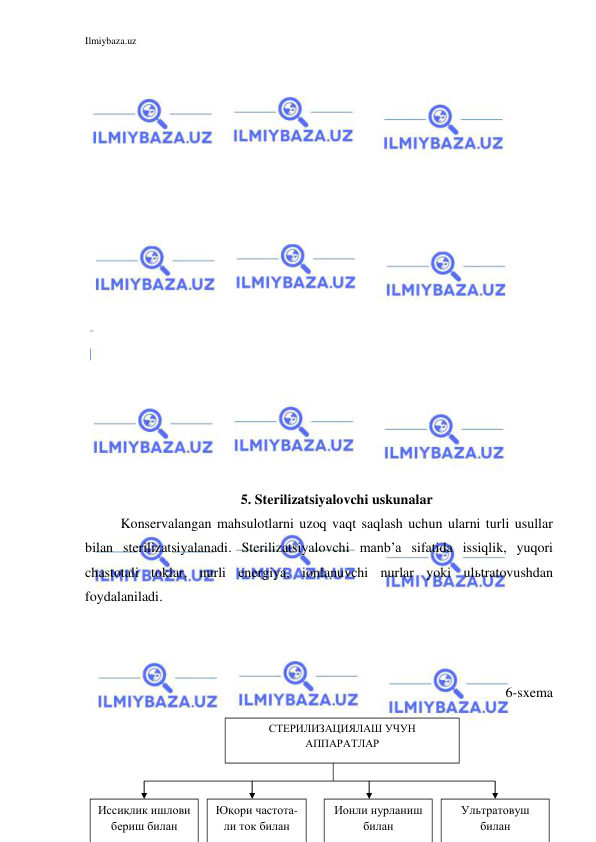 Ilmiybaza.uz 
 
 
 
 
 
 
 
 
 
 
 
 
 
 
 
 
 
 
 
5. Sterilizatsiyalovchi uskunalar 
Konservalangan mahsulotlarni uzoq vaqt saqlash uchun ularni turli usullar 
bilan sterilizatsiyalanadi. Sterilizatsiyalovchi manb’a sifatida issiqlik, yuqori 
chastotali toklar, nurli energiya, ionlanuvchi nurlar yoki ulьtratovushdan 
foydalaniladi. 
 
 
 
6-sxema 
 
 
 
СТЕРИЛИЗАЦИЯЛАШ УЧУН 
АППАРАТЛАР 
Иссиқлик ишлови 
бериш билан 
Юқори частота-
ли ток билан 
Ионли нурланиш 
билан 
Ультратовуш 
билан 
