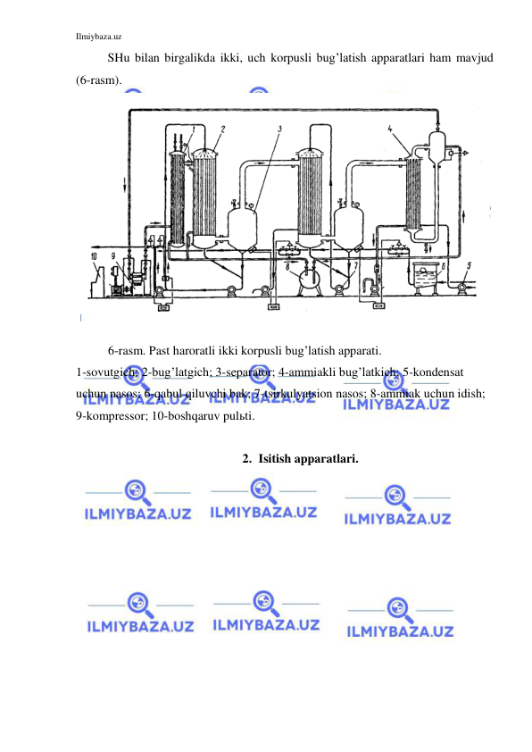 Ilmiybaza.uz 
 
SHu bilan birgalikda ikki, uch korpusli bug’latish apparatlari ham mavjud  
(6-rasm). 
 
 
6-rasm. Past haroratli ikki korpusli bug’latish apparati. 
1-sovutgich; 2-bug’latgich; 3-separator; 4-ammiakli bug’latkich; 5-kondensat 
uchun nasos; 6-qabul qiluvchi bak; 7-tsirkulyatsion nasos; 8-ammiak uchun idish; 
9-kompressor; 10-boshqaruv pulьti. 
 
2. Isitish apparatlari. 
