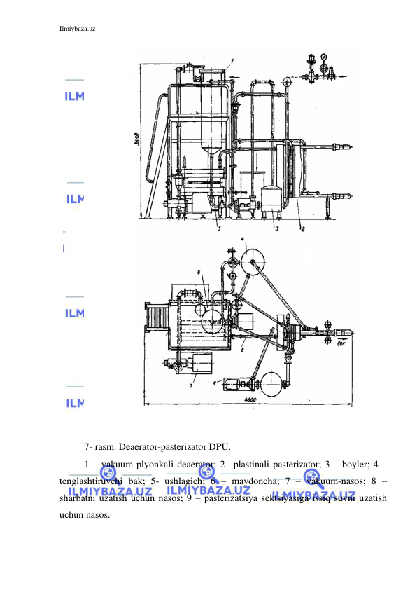 Ilmiybaza.uz 
 
 
7- rasm. Deaerator-pasterizator DPU. 
1 – vakuum plyonkali deaerator; 2 –plastinali pasterizator; 3 – boyler; 4 – 
tenglashtiruvchi bak; 5- ushlagich; 6 – maydoncha; 7 – vakuum-nasos; 8 – 
sharbatni uzatish uchun nasos; 9 – pasterizatsiya sektsiyasiga issiq suvni uzatish 
uchun nasos. 
 
