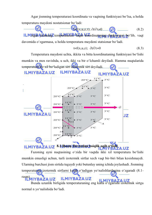  
 
Agar jismning temperaturasi koordinata va vaqtning funktsiyasi bo‘lsa, u holda 
temperatura maydoni nostatsionar bo‘ladi: 
t=f(x,u,z,); t/0 
 
 
 
(8.2) 
Agar jismning temperaturasi faqat koordinataning funktsiyasi bo‘lib, vaqt 
davomida o‘zgarmasa, u holda temperatura maydoni statsionar bo‘ladi. 
t=f(x,u,z);  t/=0 
 
 
 
(8.3) 
Temperatura maydoni uchta, ikkita va bitta koordinataning funktsiyasi bo‘lishi 
mumkin va mos ravishda, u uch, ikki va bir o‘lchamli deyiladi. Hamma nuqtalarida 
temperatura bir xil bo‘ladigan sirt izotermik sirt deyiladi. 
 
 
8.1-Rasm. Devordan issiqlik oqib o‘tishi 
Fazoning ayni nuqtasining o‘zida bir vaqtda ikki xil temperatura bo‘lishi 
mumkin emasligi uchun, turli izotermik sirtlar xech vaqt bir-biri bilan kesishmaydi. 
Ularning barchasi jism sirtida tugaydi yoki butunlay uning ichida joylashadi. Jismning 
temperaturasi izotermik sirtlarni kesib o‘tadigan yo‘nalishlardagina o‘zgaradi (8.1-
rasm). 
Bunda uzunlik birligida temperaturaning eng katta o‘zgarishi izotermik sirtga 
normal n yo‘nalishida bo‘ladi.  
