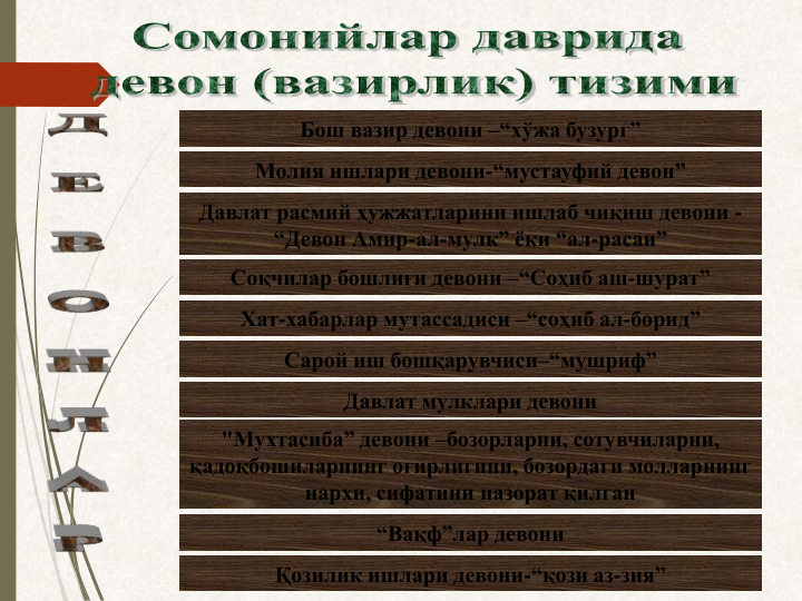 Бош вазир девони –“хўжа бузург”
Молия ишлари девони-“мустауфий девон”
Давлат расмий ҳужжатларини ишлаб чиқиш девони -
“Девон Амир-ал-мулк” ёки “ал-расаи”
Соқчилар бошлиғи девони –“Соҳиб аш-шурат”
Хат-хабарлар мутассадиси –“соҳиб ал-борид”
Сарой иш бошқарувчиси–“мушриф”
Давлат мулклари девони
"Мухтасиба” девони –бозорларни, сотувчиларни, 
қадоқбошиларнинг оғирлигини, бозордаги молларнинг 
нархи, сифатини назорат қилган
“Вақф”лар девони
Қозилик ишлари девони-“қози аз-зия”
