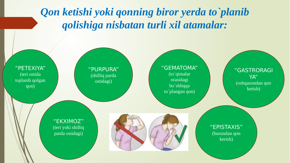 Qon ketishi yoki qonning biror yerda to`planib 
qolishiga nisbatan turli xil atamalar:
“PETEXIYA”
(teri ostida 
toplanib qolgan 
qon)
“GASTRORAGI
YA”
(oshqazondan qon 
ketish)
“PURPURA”
(shilliq parda 
ostidagi)
“EKXIMOZ”
(teri yoki shilliq 
parda ostidagi)
“GEMATOMA”
(to`qimalar 
orasidagi 
bo`shliqqa 
to`plangan qon)
“EPISTAXIS”
(burundan qon 
kerish)
