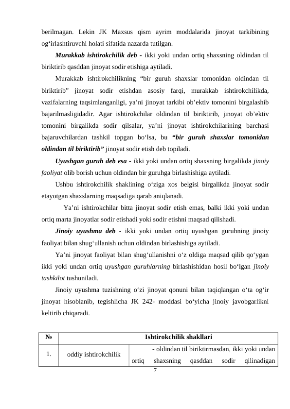berilmagan.  Lekin  JK  Maxsus  qism  ayrim  moddalarida  jinoyat  tarkibining
og‘irlashtiruvchi holati sifatida nazarda tutilgan. 
Murakkab ishtirokchilik deb - ikki yoki undan ortiq shaxsning oldindan til
biriktirib qasddan jinoyat sodir etishiga aytiladi. 
Murakkab  ishtirokchilikning  “bir  guruh  shaxslar  tomonidan  oldindan  til
biriktirib”  jinoyat  sodir  etishdan  asosiy  farqi,  murakkab  ishtirokchilikda,
vazifalarning taqsimlanganligi, ya’ni jinoyat tarkibi ob’ektiv tomonini birgalashib
bajarilmasligidadir.  Agar  ishtirokchilar  oldindan  til  biriktirib,  jinoyat  ob’ektiv
tomonini  birgalikda  sodir  qilsalar,  ya’ni  jinoyat  ishtirokchilarining  barchasi
bajaruvchilardan  tashkil  topgan  bo‘lsa,  bu  “bir  guruh  shaxslar tomonidan
oldindan til biriktirib” jinoyat sodir etish deb topiladi.
Uyushgan guruh deb esa - ikki yoki undan ortiq shaxsning birgalikda jinoiy
faoliyat olib borish uchun oldindan bir guruhga birlashishiga aytiladi. 
Ushbu ishtirokchilik shaklining o‘ziga xos belgisi birgalikda jinoyat sodir
etayotgan shaxslarning maqsadiga qarab aniqlanadi. 
Ya’ni ishtirokchilar bitta jinoyat sodir etish emas, balki ikki yoki undan
ortiq marta jinoyatlar sodir etishadi yoki sodir etishni maqsad qilishadi. 
Jinoiy uyushma deb - ikki yoki undan ortiq uyushgan guruhning jinoiy
faoliyat bilan shug‘ullanish uchun oldindan birlashishiga aytiladi. 
Ya’ni jinoyat faoliyat bilan shug‘ullanishni o‘z oldiga maqsad qilib qo‘ygan
ikki yoki undan ortiq  uyushgan guruhlarning birlashishidan hosil bo‘lgan  jinoiy
tashkilot tushuniladi.
Jinoiy uyushma tuzishning o‘zi jinoyat qonuni bilan taqiqlangan o‘ta og‘ir
jinoyat hisoblanib, tegishlicha JK 242- moddasi  bo‘yicha jinoiy javobgarlikni
keltirib chiqaradi. 
№
Ishtirokchilik shakllari
1.
oddiy ishtirokchilik
- oldindan til biriktirmasdan, ikki yoki undan
ortiq  shaxsning  qasddan  sodir  qilinadigan
7
