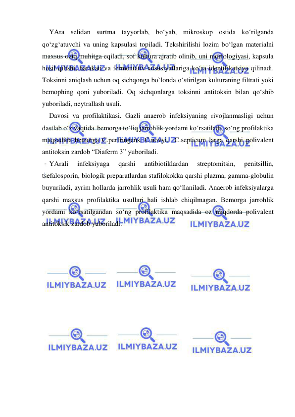  
 
YAra selidan surtma tayyorlab, bo‘yab, mikroskop ostida ko‘rilganda 
qo‘zg‘atuvchi va uning kapsulasi topiladi. Tekshirilishi lozim bo‘lgan materialni 
maxsus oziq muhitga eqiladi, sof kultura ajratib olinib, uni morfologiyasi, kapsula 
hosil qilishi, harakati va fermentativ xususiyatlariga ko‘ra identifikatsiya qilinadi. 
Toksinni aniqlash uchun oq sichqonga bo`londa o‘stirilgan kulturaning filtrati yoki 
bemophing qoni yuboriladi. Oq sichqonlarga toksinni antitoksin bilan qo‘shib 
yuboriladi, neytrallash usuli. 
Davosi va profilaktikasi. Gazli anaerob infeksiyaning rivojlanmasligi uchun 
dastlab o‘z vaqtida  bemorga to‘liq jarrohlik yordami ko‘rsatiladi, so‘ng profilaktika 
maqsadida bemorga C.perfringens, C.novyi,  C.septicum larga qarshi polivalent 
antitoksin zardob “Diaferm 3” yuboriladi. 
YArali 
infeksiyaga 
qarshi 
antibiotiklardan 
streptomitsin, 
penitsillin, 
tsefalosporin, biologik preparatlardan stafilokokka qarshi plazma, gamma-globulin 
buyuriladi, ayrim hollarda jarrohlik usuli ham qo‘llaniladi. Anaerob infeksiyalarga 
qarshi maxsus profilaktika usullari hali ishlab chiqilmagan. Bemorga jarrohlik 
yordami ko‘rsatilgandan so‘ng profilaktika maqsadida oz miqdorda polivalent 
antitoksik zardob yuboriladi. 
 
 
 
 
 
 
 
 
 
 
 
