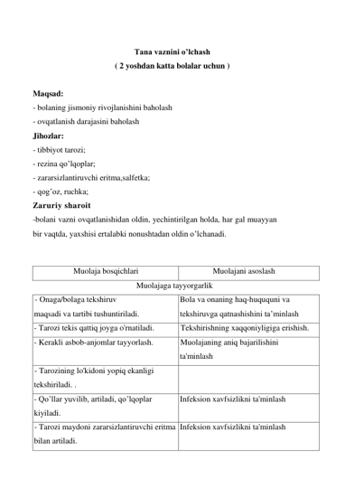  
Tana vaznini o’lchash 
( 2 yoshdan katta bolalar uchun ) 
 
Maqsad:  
- bolaning jismoniy rivojlanishini baholash 
- ovqatlanish darajasini baholash 
Jihozlar: 
- tibbiyot tarozi; 
- rezina qo’lqoplar; 
- zararsizlantiruvchi eritma,salfetka; 
- qog’oz, ruchka; 
Zaruriy sharoit             
-bolani vazni ovqatlanishidan oldin, yechintirilgan holda, har gal muayyan 
bir vaqtda, yaxshisi ertalabki nonushtadan oldin o’lchanadi. 
 
Muolaja bosqichlari 
Muolajani asoslash 
Muolajaga tayyorgarlik 
- Onaga/bolaga tekshiruv 
maqsadi va tartibi tushuntiriladi. 
Bola va onaning haq-huququni va 
tekshiruvga qatnashishini ta’minlash 
- Tarozi tekis qattiq joyga o'rnatiladi. 
Tekshirishning xaqqoniyligiga erishish. 
- Kerakli asbob-anjomlar tayyorlash. 
Muolajaning aniq bajarilishini 
ta'minlash 
- Tarozining lo'kidoni yopiq ekanligi 
tekshiriladi. . 
 
- Qo’llar yuvilib, artiladi, qo’lqoplar 
kiyiladi. 
Infeksion xavfsizlikni ta'minlash 
- Tarozi maydoni zararsizlantiruvchi eritma 
bilan artiladi. 
Infeksion xavfsizlikni ta'minlash 
