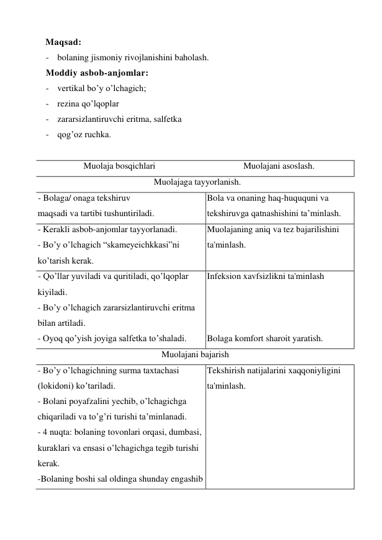 Maqsad: 
- bolaning jismoniy rivojlanishini baholash. 
Moddiy asbob-anjomlar: 
- vertikal bo’y o’lchagich; 
- rezina qo’lqoplar 
- zararsizlantiruvchi eritma, salfetka 
- qog’oz ruchka. 
 
Muolaja bosqichlari 
Muolajani asoslash. 
Muolajaga tayyorlanish. 
- Bolaga/ onaga tekshiruv 
maqsadi va tartibi tushuntiriladi. 
Bola va onaning haq-huququni va 
tekshiruvga qatnashishini ta’minlash. 
- Kerakli asbob-anjomlar tayyorlanadi. 
- Bo’y o’lchagich “skameyeichkkasi”ni 
ko’tarish kerak. 
Muolajaning aniq va tez bajarilishini 
ta'minlash. 
- Qo’llar yuviladi va quritiladi, qo’lqoplar 
kiyiladi. 
- Bo’y o’lchagich zararsizlantiruvchi eritma 
bilan artiladi. 
- Oyoq qo’yish joyiga salfetka to’shaladi. 
Infeksion xavfsizlikni ta'minlash 
 
 
 
Bolaga komfort sharoit yaratish. 
Muolajani bajarish 
- Bo’y o’lchagichning surma taxtachasi 
(lokidoni) ko’tariladi. 
- Bolani poyafzalini yechib, o’lchagichga 
chiqariladi va to’g’ri turishi ta’minlanadi. 
- 4 nuqta: bolaning tovonlari orqasi, dumbasi, 
kuraklari va ensasi o’lchagichga tegib turishi 
kerak. 
-Bolaning boshi sal oldinga shunday engashib 
Tekshirish natijalarini xaqqoniyligini 
ta'minlash. 
