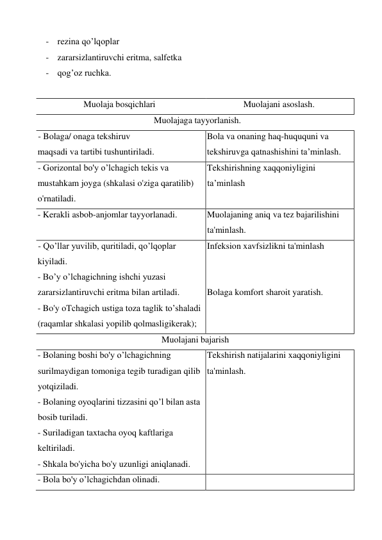 - rezina qo’lqoplar 
- zararsizlantiruvchi eritma, salfetka 
- qog’oz ruchka. 
 
Muolaja bosqichlari 
Muolajani asoslash. 
Muolajaga tayyorlanish. 
- Bolaga/ onaga tekshiruv 
maqsadi va tartibi tushuntiriladi. 
Bola va onaning haq-huququni va 
tekshiruvga qatnashishini ta’minlash. 
- Gorizontal bo'y o’lchagich tekis va 
mustahkam joyga (shkalasi o'ziga qaratilib) 
o'rnatiladi. 
Tekshirishning xaqqoniyligini 
ta’minlash 
- Kerakli asbob-anjomlar tayyorlanadi. 
Muolajaning aniq va tez bajarilishini 
ta'minlash. 
- Qo’llar yuvilib, quritiladi, qo’lqoplar 
kiyiladi. 
- Bo’y o’lchagichning ishchi yuzasi 
zararsizlantiruvchi eritma bilan artiladi. 
- Bo'y oTchagich ustiga toza taglik to’shaladi 
(raqamlar shkalasi yopilib qolmasligikerak); 
Infeksion xavfsizlikni ta'minlash 
 
 
Bolaga komfort sharoit yaratish. 
Muolajani bajarish 
- Bolaning boshi bo'y o’lchagichning 
surilmaydigan tomoniga tegib turadigan qilib 
yotqiziladi. 
- Bolaning oyoqlarini tizzasini qo’l bilan asta 
bosib turiladi. 
- Suriladigan taxtacha oyoq kaftlariga 
keltiriladi. 
- Shkala bo'yicha bo'y uzunligi aniqlanadi. 
Tekshirish natijalarini xaqqoniyligini 
ta'minlash. 
- Bola bo'y o’lchagichdan olinadi. 
 
