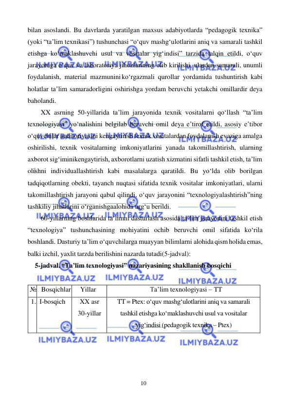 10 
 
 
bilan asoslandi. Bu davrlarda yaratilgan maxsus adabiyotlarda “pedagogik texnika” 
(yoki “ta’lim texnikasi”) tushunchasi “o‘quv mashg‘ulotlarini aniq va samarali tashkil 
etishga ko‘maklashuvchi usul va vositalar yig‘indisi” tarzida talqin etildi, o‘quv 
jarayoniga o‘quv va laboratoriya jihozlarining olib kirilishi, ulardan samarali, unumli 
foydalanish, material mazmunini ko‘rgazmali qurollar yordamida tushuntirish kabi 
holatlar ta’lim samaradorligini oshirishga yordam beruvchi yetakchi omillardir deya 
baholandi. 
XX asrning 50-yillarida ta’lim jarayonida texnik vositalarni qo‘llash “ta’lim 
texnologiyasi” yo‘nalishini belgilab beruvchi omil deya e’tirof etildi, asosiy e’tibor 
o‘quvchilar auditoriyasini kengaytirish texnik vositalardan foydalanish evaziga amalga 
oshirilishi, texnik vositalarning imkoniyatlarini yanada takomillashtirish, ularning 
axborot sig‘imini kengaytirish, axborotlarni uzatish xizmatini sifatli tashkil etish, ta’lim 
olishni individuallashtirish kabi masalalarga qaratildi. Bu yo‘lda olib borilgan 
tadqiqotlarning obekti, tayanch nuqtasi sifatida texnik vositalar imkoniyatlari, ularni 
takomillashtirish jarayoni qabul qilindi, o‘quv jarayonini “texnologiyalashtirish”ning 
tashkiliy jihatlarini o‘rganishga alohida urg‘u berildi. 
60-yillarning boshlarida ta’limni dasturlash asosida ta’lim jarayonini tashkil etish 
“texnologiya” tushunchasining mohiyatini ochib beruvchi omil sifatida ko‘rila 
boshlandi. Dasturiy ta’lim o‘quvchilarga muayyan bilimlarni alohida qism holida emas, 
balki izchil, yaxlit tarzda berilishini nazarda tutadi (5-jadval): 
5-jadval. “Ta’lim texnologiyasi” nazariyasining shakllanish bosqichi 
 
№ Bosqichlar 
Yillar 
Ta’lim texnologiyasi – TT 
1. I-bosqich 
XX asr 
30-yillar 
TT = Ptex: o‘quv mashg‘ulotlarini aniq va samarali 
tashkil etishga ko‘maklashuvchi usul va vositalar 
yig‘indisi (pedagogik texnika – Ptex) 
