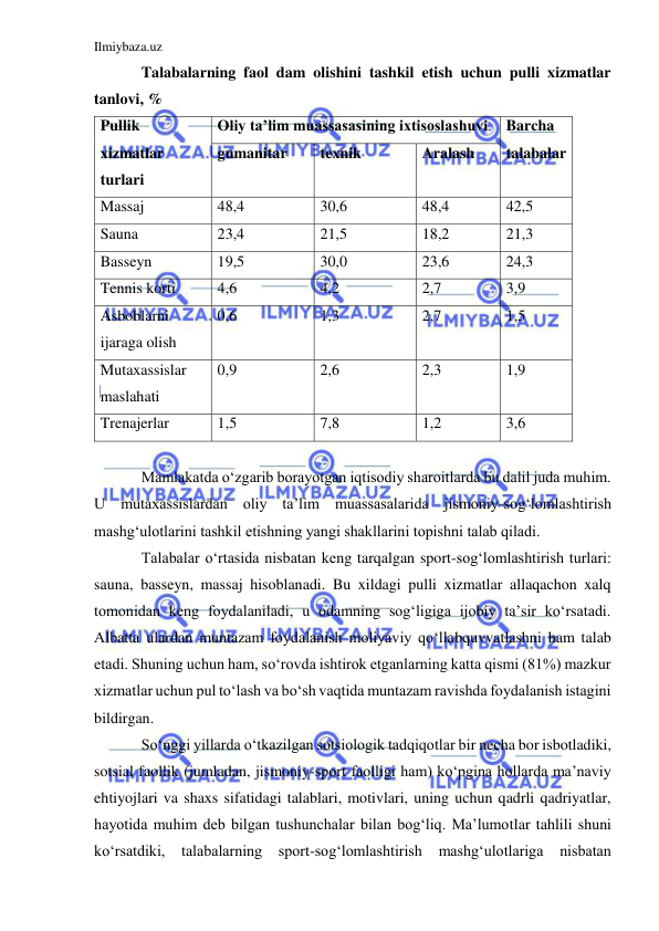 Ilmiybaza.uz 
 
Talabalarning faol dam olishini tashkil etish uchun pulli xizmatlar 
tanlovi, % 
Pullik 
xizmatlar 
turlari 
Oliy ta’lim muassasasining ixtisoslashuvi  Barcha 
talabalar 
gumanitar 
texnik 
Aralash 
Massaj 
48,4 
30,6 
48,4 
42,5 
Sauna 
23,4 
21,5 
18,2 
21,3 
Basseyn 
19,5 
30,0 
23,6 
24,3 
Tennis korti 
4,6 
4,2 
2,7 
3,9 
Asboblarni 
ijaraga olish 
0,6 
1,3 
2,7 
1,5 
Mutaxassislar 
maslahati 
0,9 
2,6 
2,3 
1,9 
Trenajerlar 
1,5  
7,8 
1,2 
3,6 
  
Mamlakatda o‘zgarib borayotgan iqtisodiy sharoitlarda bu dalil juda muhim. 
U mutaxassislardan oliy ta’lim muassasalarida jismoniy-sog‘lomlashtirish 
mashg‘ulotlarini tashkil etishning yangi shakllarini topishni talab qiladi.  
Talabalar o‘rtasida nisbatan keng tarqalgan sport-sog‘lomlashtirish turlari: 
sauna, basseyn, massaj hisoblanadi. Bu xildagi pulli xizmatlar allaqachon xalq 
tomonidan keng foydalaniladi, u odamning sog‘ligiga ijobiy ta’sir ko‘rsatadi. 
Albatta ulardan muntazam foydalanish moliyaviy qo‘llabquvvatlashni ham talab 
etadi. Shuning uchun ham, so‘rovda ishtirok etganlarning katta qismi (81%) mazkur 
xizmatlar uchun pul to‘lash va bo‘sh vaqtida muntazam ravishda foydalanish istagini 
bildirgan.  
So‘nggi yillarda o‘tkazilgan sotsiologik tadqiqotlar bir necha bor isbotladiki, 
sotsial faollik (jumladan, jismoniy-sport faolligi ham) ko‘pgina hollarda ma’naviy 
ehtiyojlari va shaxs sifatidagi talablari, motivlari, uning uchun qadrli qadriyatlar, 
hayotida muhim deb bilgan tushunchalar bilan bog‘liq. Ma’lumotlar tahlili shuni 
ko‘rsatdiki, talabalarning sport-sog‘lomlashtirish mashg‘ulotlariga 
nisbatan 
