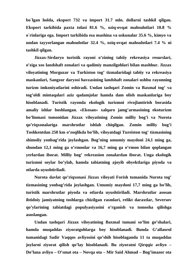 bo`lgan  holda,  eksport  732  va  import  31.7  mln.  dollarni  tashkil  qilgan.
Eksport  tarkibida  paxta  tolasi  81.6  %,  oziq-ovqat  mahsulotlari  10.8  %
o`rinlariga ega. Import tarkibida esa mashina va uskunalar 35.6 %, kimyo va
undan tayyorlangan mahsulotlar 32.4 %, oziq-ovqat mahsulotlari 7.4 % ni
tashkil qilgan.
Jizzax-Sirdaryo  turistik  rayoni  o’zining  tabiiy  rekreasiya  resurslari,
o’ziga xos landshaft zonalari va qadimiy manzilgohlari bilan mashhur. Jizzax
viloyatining Morguzar va Turkiston tog’ tizmalaridagi tabiiy va rekreasiya
maskanlari, Sangzor daryosi havzasining landshaft zonalari ushbu rayonning
turizm imkoniyatlarini oshiradi.  Undan tashqari Zomin va Baxmal tog’ va
tog’oldi mintaqalari aziz qadamjolar hamda dam olish maskanlariga boy
hisoblanadi.  Turistik  rayonda  ekologik  turizmni  rivojlantirish  borasida
amaliy  ishlar  boshlangan.  «Ekosan»  xalqaro  jamg’armasining  ekoturizm
bo’linmasi  tomonidan  Jizzax  viloyatining  Zomin  milliy  bog’i  va  Nurota
qo’riqxonalariga  marshrutlar  ishlab  chiqilgan.  Zomin  milliy  bog’i
Toshkentdan 250 km o’zoqlikda bo’lib, viloyatdagi Tureiston tog’ tizmasining
shimoliy yonbag’rida joylashgan. Bog’ning umumiy maydoni 24,1 ming ga,
shundan 12,1 ming ga o’rmonlar va 16,7 ming ga o’rmon bilan qoplangan
yerlardan iborat. Milliy bog’ rekreasion zonalardan iborat. Unga ekologik
turizmni  soylar  bo’ylab, hamda tabiatning ajoyib obyektlariga piyoda va
otlarda uyushtiriladi.
Nurota davlat qo’riqxonasi Jizzax viloyati Forish tumanida Nurota tog’
tizmasining yonbag’rida joylashgan. Umumiy maydoni 17,7 ming ga bo’lib,
turistik  marshrutlar  piyoda  va  otlarda  uyushtiriladi.  Marshrutlar  asosan
ibtidoiy jamiyatning toshlarga chizilgan rasmlari, relikt daraxtlar, Seversov
qo’ylarining  tabiatdagi  populyasiyasini  o’rganish  va  tomosha  qilishga
asoslangan. 
Undan  tashqari  Jizzax  viloyatining  Baxmal  tumani  so’lim  go’shalari,
hamda  muqaddas  ziyoratgohlarga  boy  hisoblanadi.  Bunda  G’allaorol
tumanidagi Sadir Vaqqos avliyosini qo’shib hisoblaganda 11 ta muqaddas
joylarni  ziyorat  qilish  qo’lay  hisoblanadi.  Bu  ziyoratni  Qirqqiz  avliyo  –
Do’lana avliyo – O’smat ota – Novqa ota – Mir Said Ahmad – Bog’imazor ota
