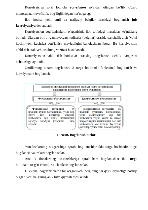 Korrelyatsiya  sо‘zi  lotincha  correlation sо‘zidan  olingan  bо‘lib,  о‘zaro
munosabat, muvofiqlik, bog‘liqlik degan ma’noga ega.
Ikki  hodisa  yoki  omil  va  natijaviy  belgilar  orasidagi  bog‘lanish  juft
korrelyatsiya deb ataladi.
Korrelyatsion bog‘lanishlarni о‘rganishda ikki toifadagi masalalar kо‘ndalang
bо‘ladi. Ulardan biri о‘rganilayotgan hodisalar (belgilar) orasida qanchalik zich (ya’ni
kuchli yoki kuchsiz) bog‘lanish mavjudligini baholashdan iborat. Bu korrelyatsion
tahlil deb ataluvchi usulning vazifasi hisoblanadi.
Korrrelyatsion  tahlil  deb  hodisalar  orasidagi  bog‘lanish  zichlik  darajasini
baholashga aytiladi.
Omillarning  о‘zaro  bog‘lanishi  2  turga  bо‘linadi:  funksional  bog‘lanish  va
korrelyatsion bog‘lanish.
1.-rasm. Bog‘lanish turlari
Yunalishlarning  о‘zgarishiga  qarab, bog‘lanishlar ikki turga bо‘linadi: tо‘gri
bog‘lanish va teskari bog‘lanishlar.
Analitik  ifodalarning  kо‘rinishlariga  qarab  ham  bog‘lanishlar  ikki  turga
bо‘linadi: tо‘g‘ri chiziqli va chiziksiz bog‘lanishlar.
Fuksional bog‘lanishlarda bir о‘zgaruvchi belgining har qaysi qiymatiga boshqa
о‘zgaruvchi belgining anik bitta qiymati mos keladi.
