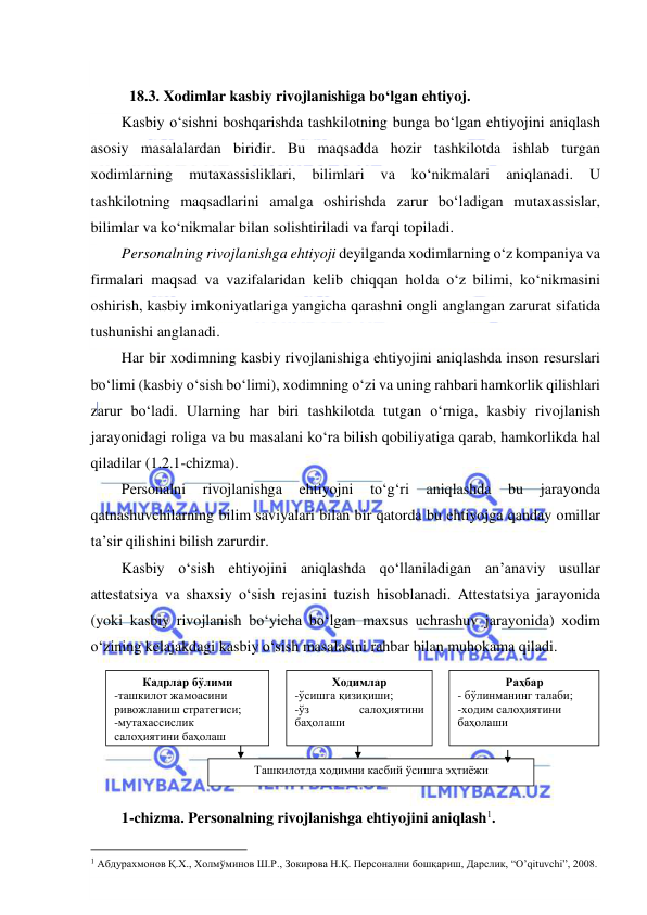  
 
 
18.3. Xodimlar kasbiy rivojlanishiga bo‘lgan ehtiyoj.  
Kasbiy o‘sishni boshqarishda tashkilotning bunga bo‘lgan ehtiyojini aniqlash 
asosiy masalalardan biridir. Bu maqsadda hozir tashkilotda ishlab turgan 
xodimlarning 
mutaxassisliklari, 
bilimlari 
va 
ko‘nikmalari 
aniqlanadi. 
U 
tashkilotning maqsadlarini amalga oshirishda zarur bo‘ladigan mutaxassislar, 
bilimlar va ko‘nikmalar bilan solishtiriladi va farqi topiladi.  
Personalning rivojlanishga ehtiyoji deyilganda xodimlarning o‘z kompaniya va 
firmalari maqsad va vazifalaridan kelib chiqqan holda o‘z bilimi, ko‘nikmasini 
oshirish, kasbiy imkoniyatlariga yangicha qarashni ongli anglangan zarurat sifatida 
tushunishi anglanadi. 
Har bir xodimning kasbiy rivojlanishiga ehtiyojini aniqlashda inson resurslari 
bo‘limi (kasbiy o‘sish bo‘limi), xodimning o‘zi va uning rahbari hamkorlik qilishlari 
zarur bo‘ladi. Ularning har biri tashkilotda tutgan o‘rniga, kasbiy rivojlanish 
jarayonidagi roliga va bu masalani ko‘ra bilish qobiliyatiga qarab, hamkorlikda hal 
qiladilar (1.2.1-chizma). 
Personalni 
rivojlanishga 
ehtiyojni 
to‘g‘ri 
aniqlashda 
bu 
jarayonda 
qatnashuvchilarning bilim saviyalari bilan bir qatorda bu ehtiyojga qanday omillar 
ta’sir qilishini bilish zarurdir. 
Kasbiy o‘sish ehtiyojini aniqlashda qo‘llaniladigan an’anaviy usullar 
attestatsiya va shaxsiy o‘sish rejasini tuzish hisoblanadi. Attestatsiya jarayonida 
(yoki kasbiy rivojlanish bo‘yicha bo‘lgan maxsus uchrashuv jarayonida) xodim 
o‘zining kelajakdagi kasbiy o‘sish masalasini rahbar bilan muhokama qiladi. 
 
1-chizma. Personalning rivojlanishga ehtiyojini aniqlash. 
                                                           
 Абдурахмонов Қ.Х., Холмўминов Ш.Р., Зокирова Н.Қ. Персонални бошқариш, Дарслик, “O’qituvchi”, 2008. 
 
Кадрлар бўлими 
-ташкилот жамоасини 
ривожланиш стратегиси; 
-мутахассислик 
салоҳиятини баҳолаш 
 
Ходимлар 
-ўсишга қизиқиши; 
-ўз 
салоҳиятини 
баҳолаши 
 
Раҳбар 
- бўлинманинг талаби; 
-ходим салоҳиятини 
баҳолаши 
 
Ташкилотда ходимни касбий ўсишга эҳтиёжи 
