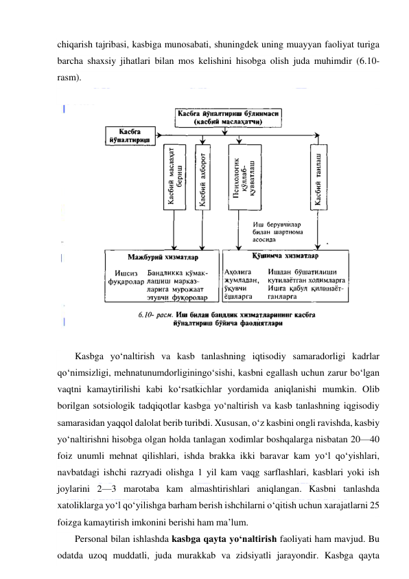  
 
chiqarish tajribasi, kasbiga munosabati, shuningdek uning muayyan faoliyat turiga 
barcha shaxsiy jihatlari bilan mos kelishini hisobga olish juda muhimdir (6.10- 
rasm). 
 
 
 
Kasbga yo‘naltirish va kasb tanlashning iqtisodiy samaradorligi kadrlar 
qo‘nimsizligi, mehnatunumdorliginingo‘sishi, kasbni egallash uchun zarur bo‘lgan 
vaqtni kamaytirilishi kabi ko‘rsatkichlar yordamida aniqlanishi mumkin. Olib 
borilgan sotsiologik tadqiqotlar kasbga yo‘naltirish va kasb tanlashning iqgisodiy 
samarasidan yaqqol dalolat berib turibdi. Xususan, o‘z kasbini ongli ravishda, kasbiy 
yo‘naltirishni hisobga olgan holda tanlagan xodimlar boshqalarga nisbatan 20—40 
foiz unumli mehnat qilishlari, ishda brakka ikki baravar kam yo‘l qo‘yishlari, 
navbatdagi ishchi razryadi olishga 1 yil kam vaqg sarflashlari, kasblari yoki ish 
joylarini 2—3 marotaba kam almashtirishlari aniqlangan. Kasbni tanlashda 
xatoliklarga yo‘l qo‘yilishga barham berish ishchilarni o‘qitish uchun xarajatlarni 25 
foizga kamaytirish imkonini berishi ham ma’lum. 
Personal bilan ishlashda kasbga qayta yo‘naltirish faoliyati ham mavjud. Bu 
odatda uzoq muddatli, juda murakkab va zidsiyatli jarayondir. Kasbga qayta 
