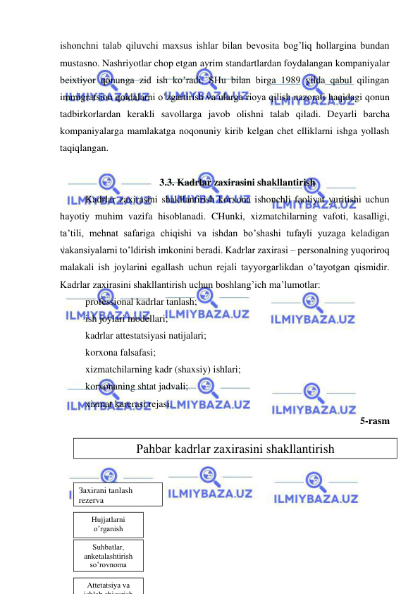  
 
ishonchni talab qiluvchi maxsus ishlar bilan bevosita bog’liq hollargina bundan 
mustasno. Nashriyotlar chop etgan ayrim standartlardan foydalangan kompaniyalar 
beixtiyor qonunga zid ish ko’radi. SHu bilan birga 1989 yilda qabul qilingan 
immigratsion qoidalarni o’zgartirish va ularga rioya qilish nazorati haqidagi qonun 
tadbirkorlardan kerakli savollarga javob olishni talab qiladi. Deyarli barcha 
kompaniyalarga mamlakatga noqonuniy kirib kelgan chet elliklarni ishga yollash 
taqiqlangan. 
 
3.3. Kadrlar zaxirasini shakllantirish 
Kadrlar zaxirasini shakllantirish korxona ishonchli faoliyat yuritishi uchun 
hayotiy muhim vazifa hisoblanadi. CHunki, xizmatchilarning vafoti, kasalligi, 
ta’tili, mehnat safariga chiqishi va ishdan bo’shashi tufayli yuzaga keladigan 
vakansiyalarni to’ldirish imkonini beradi. Kadrlar zaxirasi – personalning yuqoriroq 
malakali ish joylarini egallash uchun rejali tayyorgarlikdan o’tayotgan qismidir. 
Kadrlar zaxirasini shakllantirish uchun boshlang’ich ma’lumotlar: 
professional kadrlar tanlash; 
ish joylari modellari; 
kadrlar attestatsiyasi natijalari; 
korxona falsafasi; 
xizmatchilarning kadr (shaxsiy) ishlari; 
korxonaning shtat jadvali; 
xizmat karerasi rejasi. 
5-rasm 
 
 
 
Рahbar kadrlar zaxirasini shakllantirish 
 
Зaxirani tanlash 
rezerva 
 
Hujjatlarni 
o’rganish 
 
Suhbatlar, 
anketalashtirish 
so’rovnoma 
 
Attetatsiya va 
ishlab chiqarish
