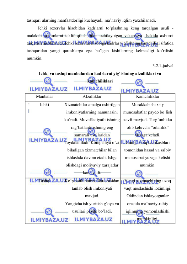  
 
tashqari ularning manfaatdorligi kuchayadi, ma’naviy iqlim yaxshilanadi. 
Ichki rezervlar hisobidan kadrlarni to’plashning keng tarqalgan usuli - 
malakali xodimlarni taklif qilish bilan ochilayotgan vakansiya  hakida axborot 
tarqatish hisoblanadi. Ichki rezervlar hisobiga kadrlar yig’ishning kamchiligi sifatida 
tashqaridan yangi qarashlarga ega bo’lgan kishilarning kelmasligi ko’rilishi 
mumkin. 
3.2.1-jadval 
Ichki va tashqi manbalardan kadrlarni yig’ishning afzalliklari va 
kamchiliklari 
 
Manbalar 
Afzalliklar 
Kamchiliklar 
Ichki 
Xizmatchilar amalga oshirilgan 
imkoniyatlarning namunasini 
ko’radi. Muvaffaqiyatli ishning 
rag’batlantirishning eng 
samarali usullaridan 
foydalaniladi. Kompaniya o’zi 
biladigan xizmatchilar bilan 
ishlashda davom etadi. Ishga 
olishdagi moliyaviy xarajatlar 
kamayadi. 
Murakkab shaxsiy 
munosabatlar paydo bo’lish 
xavfi mavjud. Turg’unlikka 
olib keluvchi “oilalilik” 
yuzaga keladi. 
Uning sobiq hamkasblari 
tomonidan hasad va salbiy 
munosabat yuzaga kelishi 
mumkin. 
Tashqi 
Ko’p sonli nomzodlar orasidan 
tanlab olish imkoniyati 
mavjud. 
Yangicha ish yuritish g’oya va 
usullari paydo bo’ladi. 
Yangi xizmatchining uzoq 
vaqt moslashishi lozimligi. 
Oldindan ishlayotganlar 
orasida ma’naviy-ruhiy 
iqlimning yomonlashishi 
mumkinligi. 
 
