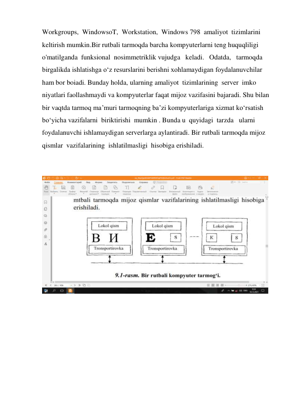 Workgroups,  WindowsoT,  Workstation,  Windows 798  amaliyot  tizimlarini  
keltirish mumkin.Bir rutbali tarmoqda barcha kompyuterlarni teng huquqliligi 
o'matilganda  funksional  nosimmetriklik vujudga   keladi.   Odatda,   tarmoqda  
birgalikda ishlatishga o‘z resurslarini berishni xohlamaydigan foydalanuvchilar  
ham bor boiadi. Bunday holda, ularning amaliyot  tizimlarining  server  imko 
niyatlari faollashmaydi va kompyuterlar faqat mijoz vazifasini bajaradi. Shu bilan  
bir vaqtda tarmoq ma’muri tarmoqning ba’zi kompyuterlariga xizmat ko‘rsatish 
bo‘yicha vazifalarni  biriktirishi  mumkin . Bunda u  quyidagi  tarzda   ularni  
foydalanuvchi ishlamaydigan serverlarga aylantiradi. Bir rutbali tarmoqda mijoz  
qismlar  vazifalarining  ishlatilmasligi  hisobiga erishiladi.  
 
 
 
 
 
 
 
 
 
 
 
