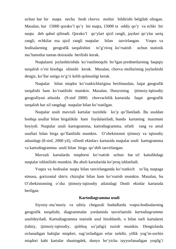 uchun har bir  nuqta  necha  bosh chorva  molini  bildirishi belgilab olingan.
Masalan, har  15000 qorako’l qo’y  bir nuqta, 15000 ta  oddiy qo’y  va echki  bir
nuqta  deb qabul qilinadi. Qorako’l  qo’ylari qizil rangli, jaydari qo’ylar sariq
rangli,  echkilar  esa  qizil  rangli  nuqtalar   bilan   tasvirlangan.   Voqea  va
hodisalarning   geografik  tarqalishini   to’g’riroq  ko’rsatish   uchun  statistik
ma’lumotlar tuman doirasida  berilishi kerak. 
Nuqtalarni  joylashtirishda  ko’rsatilmoqchi  bo’lgan predmetlarning  haqiqiy
tarqalish o’rni hisobga  olinishi  kerak.  Masalan, chorva mollarining joylashishi
dengiz, ko’llar ustiga to’g’ri kelib qolmasligi kerak.
Nuqtalar   bilan  miqdor  ko’rsatkichlarigina  berilmasdan,  faqat  geografik
tarqalishi  ham  ko’rsatilishi  mumkin.  Masalan,  Dunyoning   ijtimoiy-iqtisodiy
geografiyasi  atlasida   (9-sinf  2000)   chorvachilik kartasida   faqat   geografik
tarqalish har xil rangdagi  nuqtalar bilan ko’rsatilgan. 
Nuqtalar  usuli  mavzuli  kartalar  tuzishda   ko’p qo’llaniladi.  Bu usuldan
boshqa usullar bilan birgalikda  ham  foydalaniladi, bunda  kartaning  mazmuni
boyiydi.  Nuqtalar  usuli  kartogramma,  kartodiagramma,  sifatli   rang  va  areal
usullari bilan birga qo’llanilishi mumkin.  O’zbekistonni ijtimoiy va iqtisodiy
atlasidagi (8-sinf, 2000 yil), «Donli ekinlar» kartasida nuqtalar usuli  kartogramma
va kartodiagramma  usuli bilan  birga  qo’shib tasvirlangan. 
Mavzuli  kartalarda  miqdorni  ko’rsatish  uchun  har xil  kattalikdagi
nuqtalar ishlatilishi mumkin. Bu aholi kartalarida ko’proq ishlatiladi. 
Voqea va hodisalar nuqta bilan tasvirlanganda ko’rsatkich   to’liq nuqtaga
etmasa, gorizontal shtrix chiziqlar bilan ham ko’rsatish mumkin. Masalan, bu
O’zbekistonning  o’sha  ijtimoiy-iqtisodiy  atlasidagi  Donli  ekinlar  kartasida
berilgan.
Kartodiagramma usuli
Siyosiy–ma’muriy  va  tabiiy  chegarali  hududlarda  voqea-hodisalarning
geografik  tarqalishi,  diagrammalar  yordamida  tasvirlanishi  kartodiagramma
usulideyiladi. Kartodiagramma statistik usul hisoblanib, u bilan turli kartalarni
(tabiiy,  ijtimoiy-iqtisodiy,  qishloq  xo’jaligi)  tuzish  mumkin.  Dengizlarda
ovlanadigan  baliqlar  miqdori,  sug’oriladigan  erlar  tarkibi,  yillik  yog’in-sochin
miqdori  kabi  kartalar  shuningdek,  dunyo  bo’yicha  tayyorlanadigan  yoqilg’i
