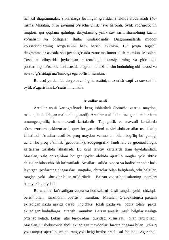 har xil diagrammalar, shkalalarga bo’lingan grafiklar shaklida ifodalanadi (46-
rasm). Masalan, biror joyining o’rtacha yillik havo harorati, oylik yog’in-sochin
miqdori, qor qoplami qalinligi, daryolarning yillik suv sarfi, shamolning kuchi,
yo’nalishi  va  boshqalar  shular  jumlasidandir.  Diagrammalarda  miqdor
ko’rsatkichlarning  o’zgarishini  ham  berish  mumkin.  Bir  joyga  tegishli
diagrammalar asosida shu joy to’g’risida zarur ma’lumot olish mumkin. Masalan,
Toshkent  viloyatida  joylashgan  meteorologik  stansiyalarning  va  gidrologik
postlarning ko’rsatkichlari asosida diagramma tuzilib, shu hududning obi-havosi va
suvi to’g’risidagi ma’lumotga ega bo’lish mumkin.
Bu usul yordamida daryo suvining haroratini, muz erish vaqti va suv sathini
oylik o’zgarishini ko’rsatish mumkin.
Areallar usuli
Areallar  usuli  kartografiyada  keng  ishlatiladi  (lotincha  «area»  maydon,
makon, hudud degan ma’noni anglatadi). Areallar usuli bilan tuzilgan kartalar ham
umumgeografik,  ham  mavzuli  kartalardir.  Topografik  va  mavzuli  kartalarda
o’rmonzorlarni, ekinzorlarni, qum bosgan erlarni tasvirlashda areallar usuli ko’p
ishlatiladi. Areallar usuli ko’proq maydon va makon bilan bog’liq bo’lganligi
uchun ko’proq o’simlik (geobotanik), zoogeografik, landshaft va geomorfologik
kartalarni  tuzishda  ishlatiladi.  Bu  usul  tarixiy  kartalarda  ham  foydalaniladi.
Masalan,  xalq  qo’zg’oloni  bo’lgan  joylar  alohida  ajratilib  ranglar  yoki  shtrix
chiziqlar bilan chizilib ko’rsatiladi. Areallar usulida  voqea va hodisalar sodir bo’-
layotgan  joylarning chegaralari  nuqtalar, chiziqlar bilan belgilanib, ichi belgilar,
ranglar  yoki  shtrixlar bilan to’ldiriladi.   Ba’zan voqea-hodisalarning  nomlari
ham yozib qo’yiladi. 
Bu usulida  ko’rsatilgan voqea va hodisalarni  2 xil rangda  yoki  chiziqda
berish bilan  mazmunini boyitish  mumkin.  Masalan, O’zbekistonda paxtani
ekiladigan paxta naviga qarab  ingichka  tolali paxta va  oddiy tolali  paxta
ekiladigan hududlarga  ajratish  mumkin. Ba’zan areallar usuli belgilar usuliga
o’xshab ketadi. Lekin  ular bir-biridan  quyidagi xususiyati  bilan farq qiladi.
Masalan, O’zbekistonda sholi ekiladigan maydonlar  birorta chegara bilan  (chiziq
yoki nuqta)  ajratilib, ichida  rang yoki belgi berilsa areal usul  bo’ladi.  Agar sholi
