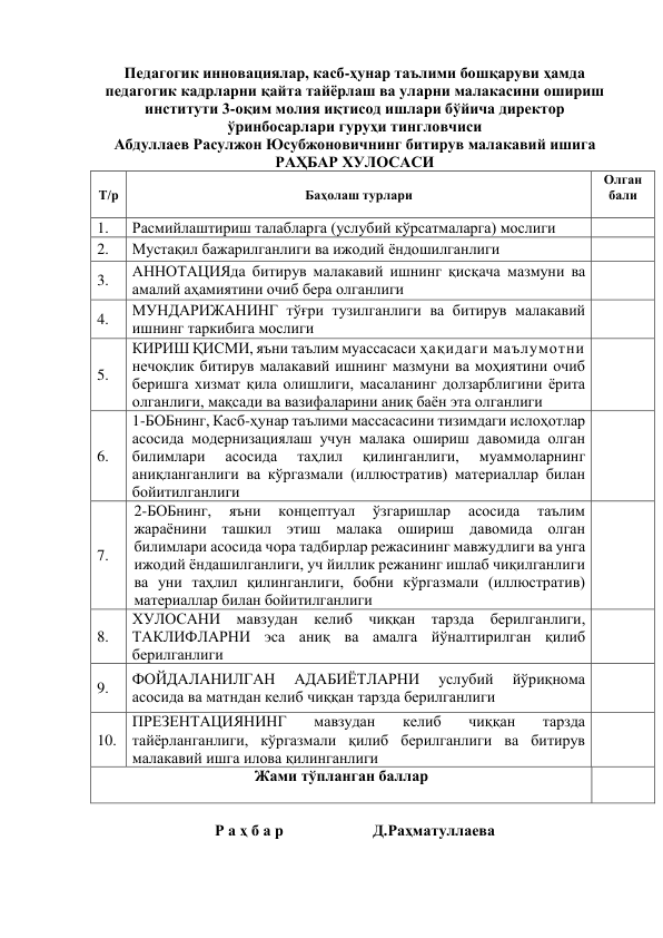  
Педагогик инновациялар, касб-ҳунар таълими бошқаруви ҳамда 
педагогик кадрларни қайта тайёрлаш ва уларни малакасини ошириш 
институти 3-оқим молия иқтисод ишлари бўйича директор 
ўринбосарлари гуруҳи тингловчиси 
Абдуллаев Расулжон Юсубжоновичнинг битирув малакавий ишига 
РАҲБАР ХУЛОСАСИ 
Т/р 
Баҳолаш турлари 
Олган 
бали 
 
1.  Расмийлаштириш талабларга (услубий кўрсатмаларга) мослиги 
 
2.  Мустақил бажарилганлиги ва ижодий ёндошилганлиги 
 
3.  АННОТАЦИЯда битирув малакавий ишнинг қисқача мазмуни ва 
амалий аҳамиятини очиб бера олганлиги 
 
4.  МУНДАРИЖАНИНГ тўғри тузилганлиги ва битирув малакавий 
ишнинг таркибига мослиги 
 
5.  
КИРИШ ҚИСМИ, яъни таълим муассасаси ҳақидаги маълумотни 
нечоқлик битирув малакавий ишнинг мазмуни ва моҳиятини очиб 
беришга хизмат қила олишлиги, масаланинг долзарблигини ёрита 
олганлиги, мақсади ва вазифаларини аниқ баён эта олганлиги 
 
6.  
1-БОБнинг, Касб-ҳунар таълими массасасини тизимдаги ислоҳотлар 
асосида модернизациялаш учун малака ошириш давомида олган 
билимлари 
асосида 
таҳлил 
қилинганлиги, 
муаммоларнинг 
аниқланганлиги ва кўргазмали (иллюстратив) материаллар билан 
бойитилганлиги 
 
7.  
2-БОБнинг, 
яъни 
концептуал 
ўзгаришлар 
асосида 
таълим 
жараёнини ташкил этиш малака ошириш давомида олган 
билимлари асосида чора тадбирлар режасининг мавжудлиги ва унга 
ижодий ёндашилганлиги, уч йиллик режанинг ишлаб чиқилганлиги 
ва уни таҳлил қилинганлиги, бобни кўргазмали (иллюстратив) 
материаллар билан бойитилганлиги 
 
8.  
ХУЛОСАНИ мавзудан келиб чиққан тарзда берилганлиги, 
ТАКЛИФЛАРНИ эса аниқ ва амалга йўналтирилган қилиб 
берилганлиги 
 
9.  ФОЙДАЛАНИЛГАН 
АДАБИЁТЛАРНИ 
услубий 
йўриқнома 
асосида ва матндан келиб чиққан тарзда берилганлиги 
 
10.  
ПРЕЗЕНТАЦИЯНИНГ 
мавзудан 
келиб 
чиққан 
тарзда 
тайёрланганлиги, кўргазмали қилиб берилганлиги ва битирув 
малакавий ишга илова қилинганлиги 
 
Жами тўпланган баллар 
 
 
 
Р а ҳ б а р                       Д.Раҳматуллаева 
 
