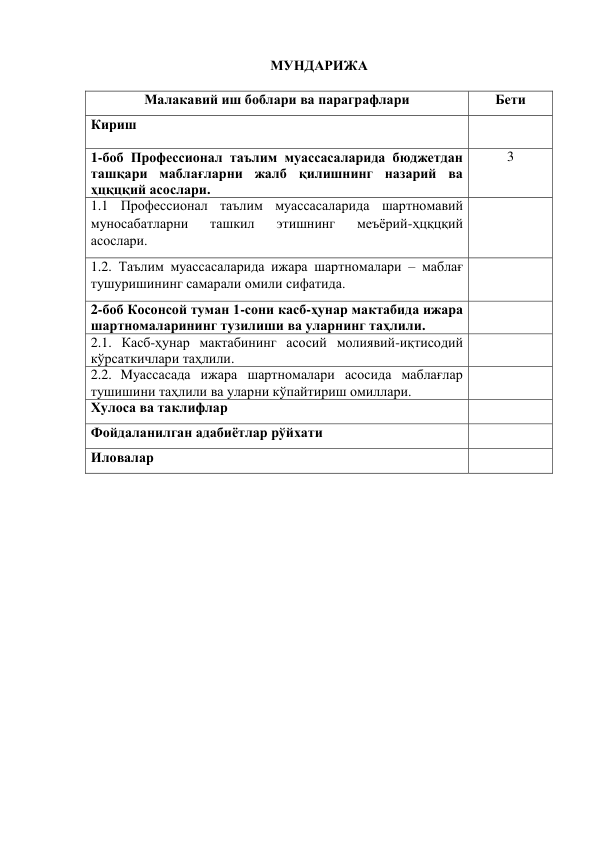  
МУНДАРИЖА 
Малакавий иш боблари ва параграфлари 
Бети 
Кириш 
 
 
1-боб Профессионал таълим муассасаларида бюджетдан 
ташқари маблағларни жалб қилишнинг назарий ва 
ҳцқцқий асослари. 
3 
1.1 Профессионал таълим муассасаларида шартномавий 
муносабатларни 
ташкил 
этишнинг 
меъёрий-ҳцқцқий 
асослари. 
 
1.2. Таълим муассасаларида ижара шартномалари – маблағ 
тушуришининг самарали омили сифатида. 
 
2-боб Косонсой туман 1-сони касб-ҳунар мактабида ижара 
шартномаларининг тузилиши ва уларнинг таҳлили. 
 
2.1. Касб-ҳунар мактабининг асосий молиявий-иқтисодий 
кўрсаткичлари таҳлили. 
 
2.2. Mуассасада ижара шартномалари асосида маблағлар 
тушишини таҳлили ва уларни кўпайтириш омиллари. 
 
Хулоса ва таклифлар 
 
Фойдаланилган адабиётлар рўйхати 
 
Иловалар 
 
 
 
 
 
 
 
 
 
 
 
