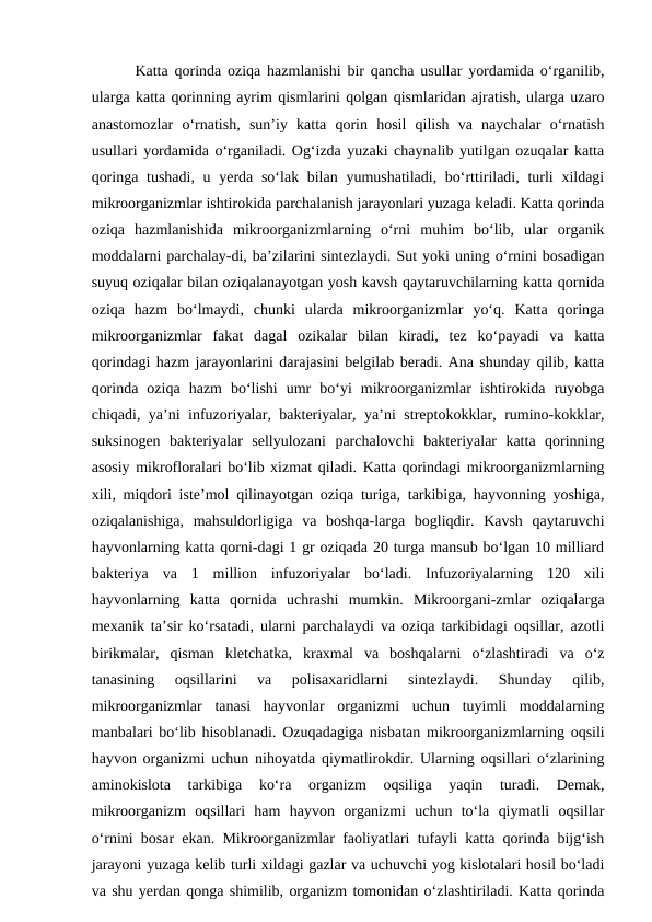 Katta qorinda oziqa hazmlanishi bir qancha usullar yordamida o‘rganilib,
ularga katta qorinning ayrim qismlarini qolgan qismlaridan ajratish, ularga uzaro
anastomozlar  o‘rnatish,  sun’iy  katta  qorin  hosil  qilish  va  naychalar  o‘rnatish
usullari yordamida o‘rganiladi. Og‘izda yuzaki chaynalib yutilgan ozuqalar katta
qoringa tushadi, u yerda so‘lak bilan yumushatiladi, bo‘rttiriladi, turli  xildagi
mikroorganizmlar ishtirokida parchalanish jarayonlari yuzaga keladi. Katta qorinda
oziqa  hazmlanishida  mikroorganizmlarning  o‘rni  muhim  bo‘lib,  ular  organik
moddalarni parchalay-di, ba’zilarini sintezlaydi. Sut yoki uning o‘rnini bosadigan
suyuq oziqalar bilan oziqalanayotgan yosh kavsh qaytaruvchilarning katta qornida
oziqa  hazm  bo‘lmaydi,  chunki  ularda  mikroorganizmlar  yo‘q.  Katta  qoringa
mikroorganizmlar  fakat  dagal  ozikalar  bilan  kiradi,  tez  ko‘payadi  va  katta
qorindagi hazm jarayonlarini darajasini belgilab beradi. Ana shunday qilib, katta
qorinda  oziqa  hazm  bo‘lishi  umr  bo‘yi  mikroorganizmlar  ishtirokida  ruyobga
chiqadi, ya’ni infuzoriyalar, bakteriyalar, ya’ni streptokokklar, rumino-kokklar,
suksinogen  bakteriyalar  sellyulozani  parchalovchi  bakteriyalar  katta  qorinning
asosiy mikrofloralari bo‘lib xizmat qiladi. Katta qorindagi mikroorganizmlarning
xili, miqdori iste’mol qilinayotgan oziqa turiga, tarkibiga, hayvonning yoshiga,
oziqalanishiga,  mahsuldorligiga  va  boshqa-larga  bogliqdir.  Kavsh  qaytaruvchi
hayvonlarning katta qorni-dagi 1 gr oziqada 20 turga mansub bo‘lgan 10 milliard
bakteriya  va  1  million  infuzoriyalar  bo‘ladi.  Infuzoriyalarning  120  xili
hayvonlarning  katta  qornida  uchrashi  mumkin.  Mikroorgani-zmlar  oziqalarga
mexanik ta’sir ko‘rsatadi, ularni parchalaydi va oziqa tarkibidagi oqsillar, azotli
birikmalar,  qisman  kletchatka,  kraxmal  va  boshqalarni  o‘zlashtiradi  va  o‘z
tanasining  oqsillarini  va  polisaxaridlarni  sintezlaydi.  Shunday  qilib,
mikroorganizmlar  tanasi  hayvonlar  organizmi  uchun  tuyimli  moddalarning
manbalari bo‘lib hisoblanadi. Ozuqadagiga nisbatan mikroorganizmlarning oqsili
hayvon organizmi uchun nihoyatda qiymatlirokdir. Ularning oqsillari o‘zlarining
aminokislota  tarkibiga  ko‘ra  organizm  oqsiliga  yaqin  turadi.  Demak,
mikroorganizm  oqsillari  ham  hayvon  organizmi  uchun  to‘la  qiymatli  oqsillar
o‘rnini bosar ekan. Mikroorganizmlar faoliyatlari tufayli katta qorinda bijg‘ish
jarayoni yuzaga kelib turli xildagi gazlar va uchuvchi yog kislotalari hosil bo‘ladi
va shu yerdan qonga shimilib, organizm tomonidan o‘zlashtiriladi. Katta qorinda
