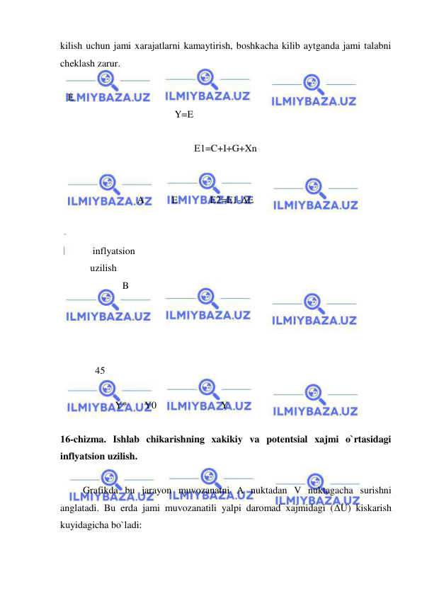  
 
kilish uchun jami xarajatlarni kamaytirish, boshkacha kilib aytganda jami talabni 
cheklash zarur. 
 
   E  
                                      Y=E          
                                 
                                              E1=C+I+G+Xn 
 
 
                       A           E             E2=E1-ΔE 
                                   
 
     inflyatsion 
    uzilish 
                 B 
 
 
 
 
      45  
 
              Y*       Y0                          Y  
 
16-chizma. Ishlab chikarishning xakikiy va potentsial xajmi o`rtasidagi 
inflyatsion uzilish. 
 
 Grafikda bu jarayon muvozanatni A nuktadan V nuktagacha surishni 
anglatadi. Bu erda jami muvozanatili yalpi daromad xajmidagi (ΔU) kiskarish 
kuyidagicha bo`ladi:  
