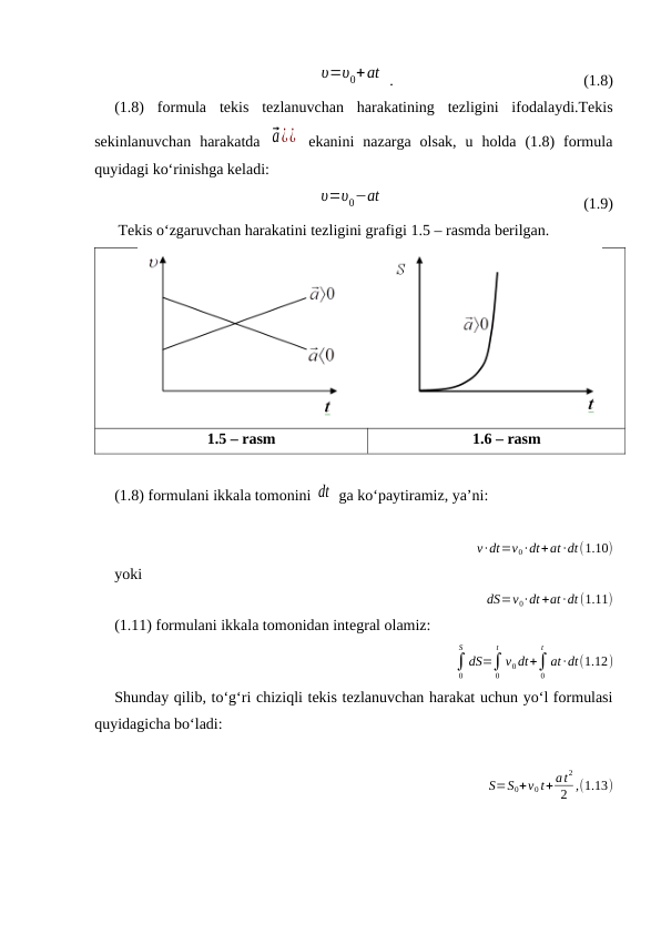 υ=υ0+at  .                                                 (1.8)
(1.8)  formula  tekis  tezlanuvchan  harakatining  tezligini  ifodalaydi.Tekis
sekinlanuvchan  harakatda  ⃗a¿¿  ekanini  nazarga  olsak,  u  holda  (1.8)  formula
quyidagi ko‘rinishga keladi:
υ=υ0−at                                                    (1.9)
Tekis o‘zgaruvchan harakatini tezligini grafigi 1.5 – rasmda berilgan.
1.5 – rasm
1.6 – rasm
(1.8) formulani ikkala tomonini dt  ga ko‘paytiramiz, ya’ni:
v∙dt=v0∙dt+at ∙dt(1.10)
yoki
dS=v0∙dt +at ∙dt (1.11)
(1.11) formulani ikkala tomonidan integral olamiz:                                
∫
0
S
dS=∫
0
t
v0dt+∫
0
t
at ∙dt(1.12)
Shunday qilib, to‘g‘ri chiziqli tekis tezlanuvchan harakat uchun yo‘l formulasi
quyidagicha bo‘ladi:
S=S0+v0t+ at
2
2 ,(1.13)
