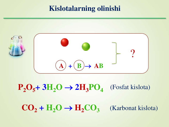 Kislotalarning olinishi
P2O5+ 3H2O  2H3PO4
CO2 + H2O  H2CO3
?
(Karbonat kislota)
(Fosfat kislota)
A +   B  AB
