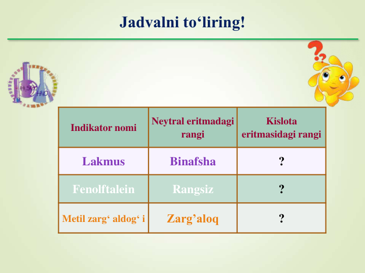 Jadvalni to‘liring!
Indikator nomi
Neytral eritmadagi
rangi
Kislota
eritmasidagi rangi
Lakmus
Binafsha
?
Fenolftalein
Rangsiz
?
Metil zarg‘ aldog‘ i
Zarg’aloq
?
