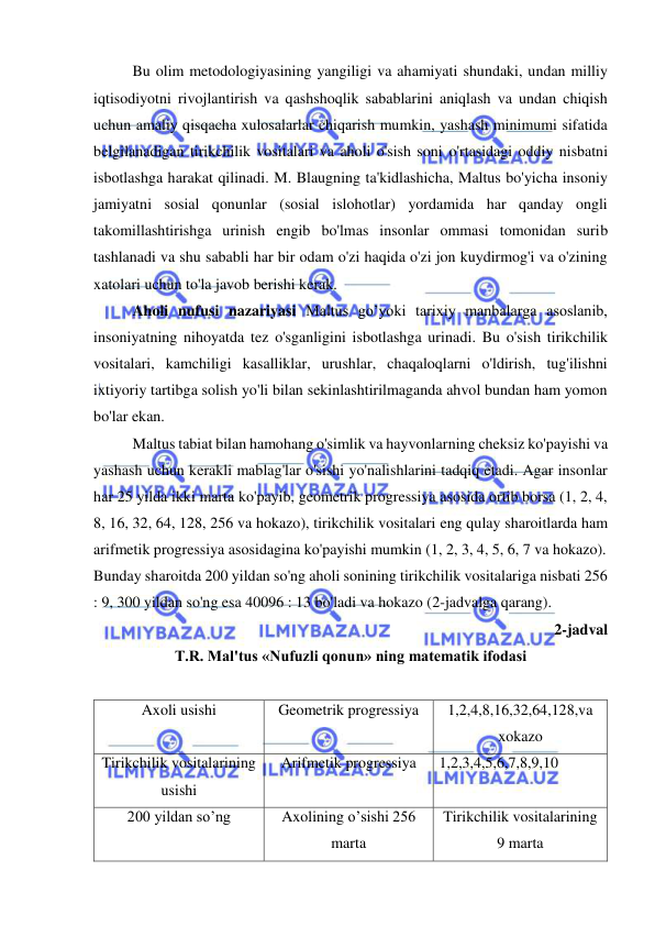  
 
Bu olim metodologiyasining yangiligi va ahamiyati shundaki, undan milliy 
iqtisodiyotni rivojlantirish va qashshoqlik sabablarini aniqlash va undan chiqish 
uchun amaliy qisqacha xulosalarlar chiqarish mumkin, yashash minimumi sifatida 
belgilanadigan tirikchilik vositalari va aholi o'sish soni o'rtasidagi oddiy nisbatni 
isbotlashga harakat qilinadi. M. Blaugning ta'kidlashicha, Maltus bo'yicha insoniy 
jamiyatni sosial qonunlar (sosial islohotlar) yordamida har qanday ongli 
takomillashtirishga urinish engib bo'lmas insonlar ommasi tomonidan surib 
tashlanadi va shu sababli har bir odam o'zi haqida o'zi jon kuydirmog'i va o'zining 
xatolari uchun to'la javob berishi kerak.  
Aholi nufusi nazariyasi Maltus go’yoki tarixiy manbalarga asoslanib, 
insoniyatning nihoyatda tez o'sganligini isbotlashga urinadi. Bu o'sish tirikchilik 
vositalari, kamchiligi kasalliklar, urushlar, chaqaloqlarni o'ldirish, tug'ilishni 
ixtiyoriy tartibga solish yo'li bilan sekinlashtirilmaganda ahvol bundan ham yomon 
bo'lar ekan.  
Maltus tabiat bilan hamohang o'simlik va hayvonlarning cheksiz ko'payishi va 
yashash uchun kerakli mablag'lar o'sishi yo'nalishlarini tadqiq etadi. Agar insonlar 
har 25 yilda ikki marta ko'payib, geometrik progressiya asosida ortib borsa (1, 2, 4, 
8, 16, 32, 64, 128, 256 va hokazo), tirikchilik vositalari eng qulay sharoitlarda ham 
arifmetik progressiya asosidagina ko'payishi mumkin (1, 2, 3, 4, 5, 6, 7 va hokazo).  
Bunday sharoitda 200 yildan so'ng aholi sonining tirikchilik vositalariga nisbati 256 
: 9, 300 yildan so'ng esa 40096 : 13 bo'ladi va hokazo (2-jadvalga qarang).  
2-jadval 
T.R. Mal'tus «Nufuzli qonun» ning matematik ifodasi 
 
Axoli usishi 
Geometrik progressiya 
1,2,4,8,16,32,64,128,va 
xokazo 
Tirikchilik vositalarining 
usishi 
Arifmetik progressiya 
1,2,3,4,5,6,7,8,9,10 
200 yildan so’ng 
Axolining o’sishi 256 
marta 
Tirikchilik vositalarining 
9 marta 
