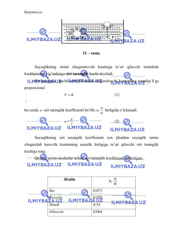 Ilmiybaza.uz 
 
 
21 – rasm. 
 
 
Suyuqlikning sirtini chegaralovchi konturga ta’sir qiluvchi tortishish 
kuchlarining yig’indisiga sirt taranglik kuchi deyiladi.  
 
Sirt taranglik  kuchi suyuqlik sirtini chegaralovchi konturning uzunligi l ga 
proporsional  
l
F

 
 
 
 
(1) 
 
bu yerda  -sirt taranglik koeffisienti bo’lib, u m
N  birligida o’lchanadi.  
l
  F
 
 
 
 
(2) 
 
 
Suyuqlikning sirt taranglik koeffisienti son jihatdan suyuqlik sirtini 
chegaralab turuvchi konturning uzunlik birligiga ta’sir qiluvchi sirt taranglik  
kuchiga teng.  
 
Quyida ayrim moddalar uchun sirt taranglik koeffisienti keltirilgan:  
 
 
Modda 
τ, M
H  
Suv 
0,073 
Kerosin 
0,026 
Simob 
0,54 
Glitserin 
0,064 
 
