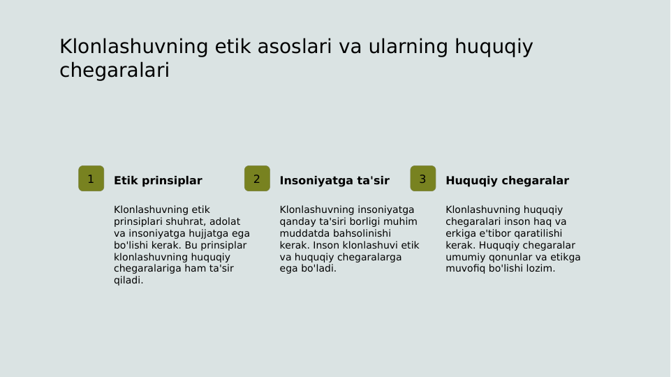 Klonlashuvning etik asoslari va ularning huquqiy 
chegaralari
1
Etik prinsiplar
Klonlashuvning etik 
prinsiplari shuhrat, adolat 
va insoniyatga hujjatga ega 
bo'lishi kerak. Bu prinsiplar 
klonlashuvning huquqiy 
chegaralariga ham ta'sir 
qiladi.
2
Insoniyatga ta'sir
Klonlashuvning insoniyatga 
qanday ta'siri borligi muhim 
muddatda bahsolinishi 
kerak. Inson klonlashuvi etik 
va huquqiy chegaralarga 
ega bo'ladi.
3
Huquqiy chegaralar
Klonlashuvning huquqiy 
chegaralari inson haq va 
erkiga e'tibor qaratilishi 
kerak. Huquqiy chegaralar 
umumiy qonunlar va etikga 
muvofiq bo'lishi lozim.
