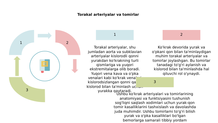 Torakal arteriyalar va tomirlar
1 
2 
3
2
Ko'krak devorida yurak va 
o'pkani qon bilan ta'minlaydigan 
muhim torakal arteriyalar va 
tomirlar joylashgan. Bu tomirlar 
tanadagi to'g'ri aylanish va 
kislorod bilan ta'minlashda hal 
qiluvchi rol o'ynaydi.
1
Torakal arteriyalar, shu 
jumladan aorta va subklavian 
arteriyalar kislorodli qonni 
yurakdan ko'krakning turli 
qismlariga va yuqori 
ekstremitalarga olib boradi. 
Yuqori vena kava va o'pka 
venalari kabi ko'krak venalari 
kislorodsizlangan qonni qayta 
kislorod bilan ta'minlash uchun 
yurakka qaytaradi.
3
Ushbu ko'krak arteriyalari va tomirlarining 
anatomiyasi va funktsiyasini tushunish 
sog'liqni saqlash xodimlari uchun yurak-qon 
tomir kasalliklarini tashxislash va davolashda 
juda muhimdir. Ushbu tomirlarni to'g'ri bilish 
yurak va o'pka kasalliklari bo'lgan 
bemorlarga samarali tibbiy yordam 
