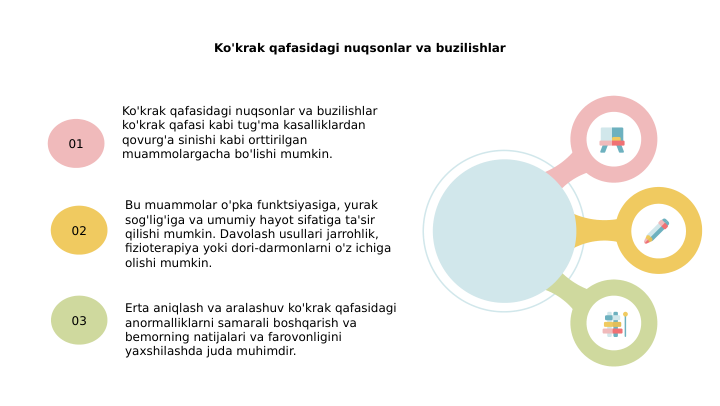 Ko'krak qafasidagi nuqsonlar va buzilishlar
Ko'krak qafasidagi nuqsonlar va buzilishlar 
ko'krak qafasi kabi tug'ma kasalliklardan 
qovurg'a sinishi kabi orttirilgan 
muammolargacha bo'lishi mumkin.
01
Bu muammolar o'pka funktsiyasiga, yurak 
sog'lig'iga va umumiy hayot sifatiga ta'sir 
qilishi mumkin. Davolash usullari jarrohlik, 
fizioterapiya yoki dori-darmonlarni o'z ichiga 
olishi mumkin.
02
Erta aniqlash va aralashuv ko'krak qafasidagi 
anormalliklarni samarali boshqarish va 
bemorning natijalari va farovonligini 
yaxshilashda juda muhimdir.
03
