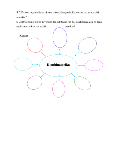 5. 7254 son raqamlaridan bir marta foydalangan holda nechta toq son yozish 
mumkin? 
6. 2310 sonning tub bo’luvchilaridan ikkitadan tub bo’luvchilariga ega bo’lgan 
nechta murakkab son tuzish 
mumkin? 
 
Klaster 
 
 
 
 
 
 
 
 
 
 
 
 
 
 
 
 
 
 
 
 
 
 
Kombinatorika 
 
 
 
