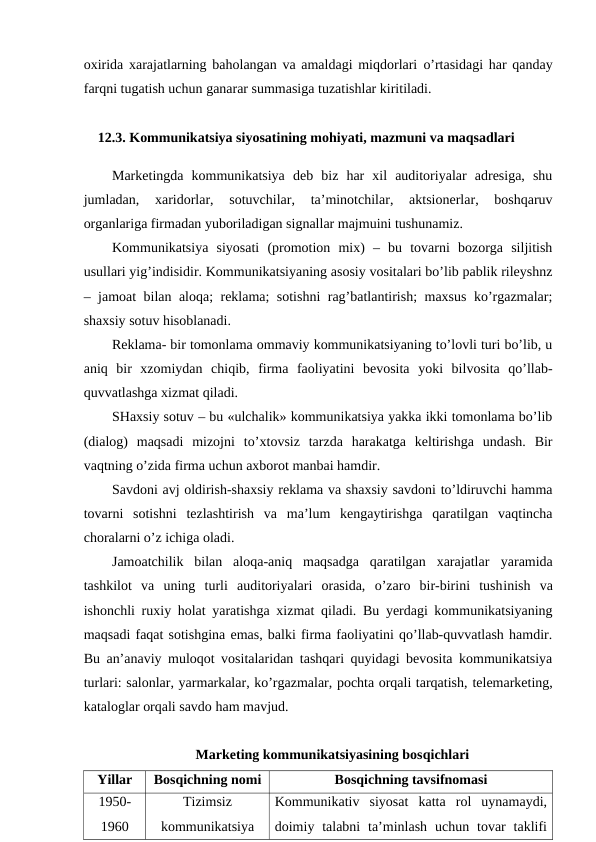 oxirida xarajatlarning baholangan va amaldagi miqdorlari  o’rtasidagi har qanday
farqni tugatish uchun ganarar summasiga tuzatishlar kiritiladi.
12.3. Kommunikatsiya siyosatining mohiyati, mazmuni va maqsadlari
Marketingda  kommunikatsiya  deb  biz  har  xil  auditoriyalar  adresiga,  shu
jumladan,  xaridorlar,  sotuvchilar,  ta’minotchilar,  aktsionerlar,  boshqaruv
organlariga firmadan yuboriladigan signallar majmuini tushunamiz. 
Kommunikatsiya  siyosati  (promotion  mix)  –  bu  tovarni  bozorga  siljitish
usullari yig’indisidir. Kommunikatsiyaning asosiy vositalari bo’lib pablik rileyshnz
– jamoat bilan aloqa; reklama; sotishni rag’batlantirish; maxsus ko’rgazmalar;
shaxsiy sotuv hisoblanadi.
Reklama- bir tomonlama ommaviy kommunikatsiyaning to’lovli turi bo’lib, u
aniq  bir  xzomiydan  chiqib,  firma  faoliyatini  bevosita  yoki  bilvosita  qo’llab-
quvvatlashga xizmat qiladi.
SHaxsiy sotuv – bu «ulchalik» kommunikatsiya yakka ikki tomonlama bo’lib
(dialog)  maqsadi  mizojni  to’xtovsiz  tarzda  harakatga  keltirishga  undash.  Bir
vaqtning o’zida firma uchun axborot manbai hamdir.
Savdoni avj oldirish-shaxsiy reklama va shaxsiy savdoni to’ldiruvchi hamma
tovarni  sotishni  tezlashtirish  va  ma’lum  kengaytirishga  qaratilgan  vaqtincha
choralarni o’z ichiga oladi.
Jamoatchilik  bilan  aloqa-aniq  maqsadga  qaratilgan  xarajatlar  yaramida
tashkilot  va  uning  turli  auditoriyalari  orasida,  o’zaro  bir-birini  tushinish  va
ishonchli ruxiy holat yaratishga xizmat qiladi. Bu yerdagi kommunikatsiyaning
maqsadi faqat sotishgina emas, balki firma faoliyatini qo’llab-quvvatlash hamdir.
Bu an’anaviy muloqot vositalaridan tashqari quyidagi bevosita kommunikatsiya
turlari: salonlar, yarmarkalar, ko’rgazmalar, pochta orqali tarqatish, telemarketing,
kataloglar orqali savdo ham mavjud.
Marketing kommunikatsiyasining bosqichlari
Yillar
Bosqichning nomi
Bosqichning tavsifnomasi
1950-
1960
Tizimsiz
kommunikatsiya
Kommunikativ  siyosat  katta  rol  uynamaydi,
doimiy talabni  ta’minlash  uchun  tovar  taklifi
