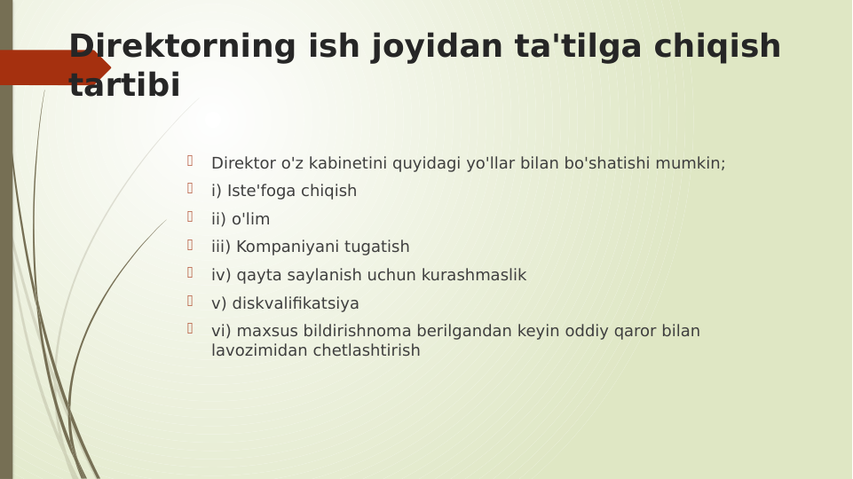Direktorning ish joyidan ta'tilga chiqish 
tartibi

Direktor o'z kabinetini quyidagi yo'llar bilan bo'shatishi mumkin;

i) Iste'foga chiqish

ii) o'lim

iii) Kompaniyani tugatish

iv) qayta saylanish uchun kurashmaslik

v) diskvalifikatsiya

vi) maxsus bildirishnoma berilgandan keyin oddiy qaror bilan 
lavozimidan chetlashtirish
